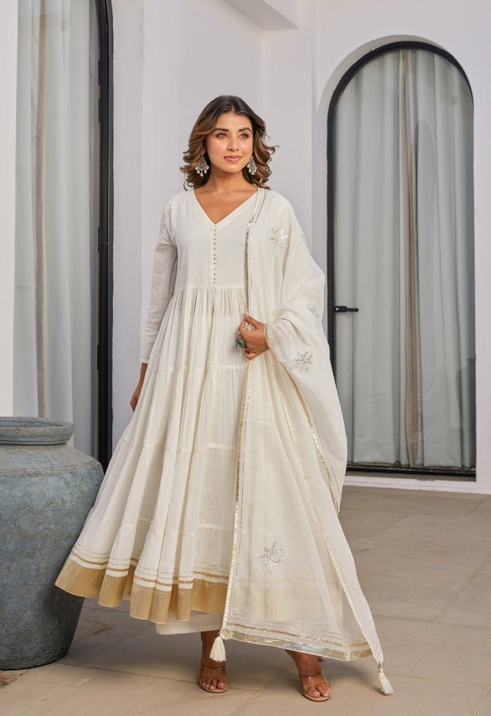 white christmas dresses Ahalyaa Floral Print Midi Pure Cotton Ethnic Dress with Lace Inserts Detail main image 1