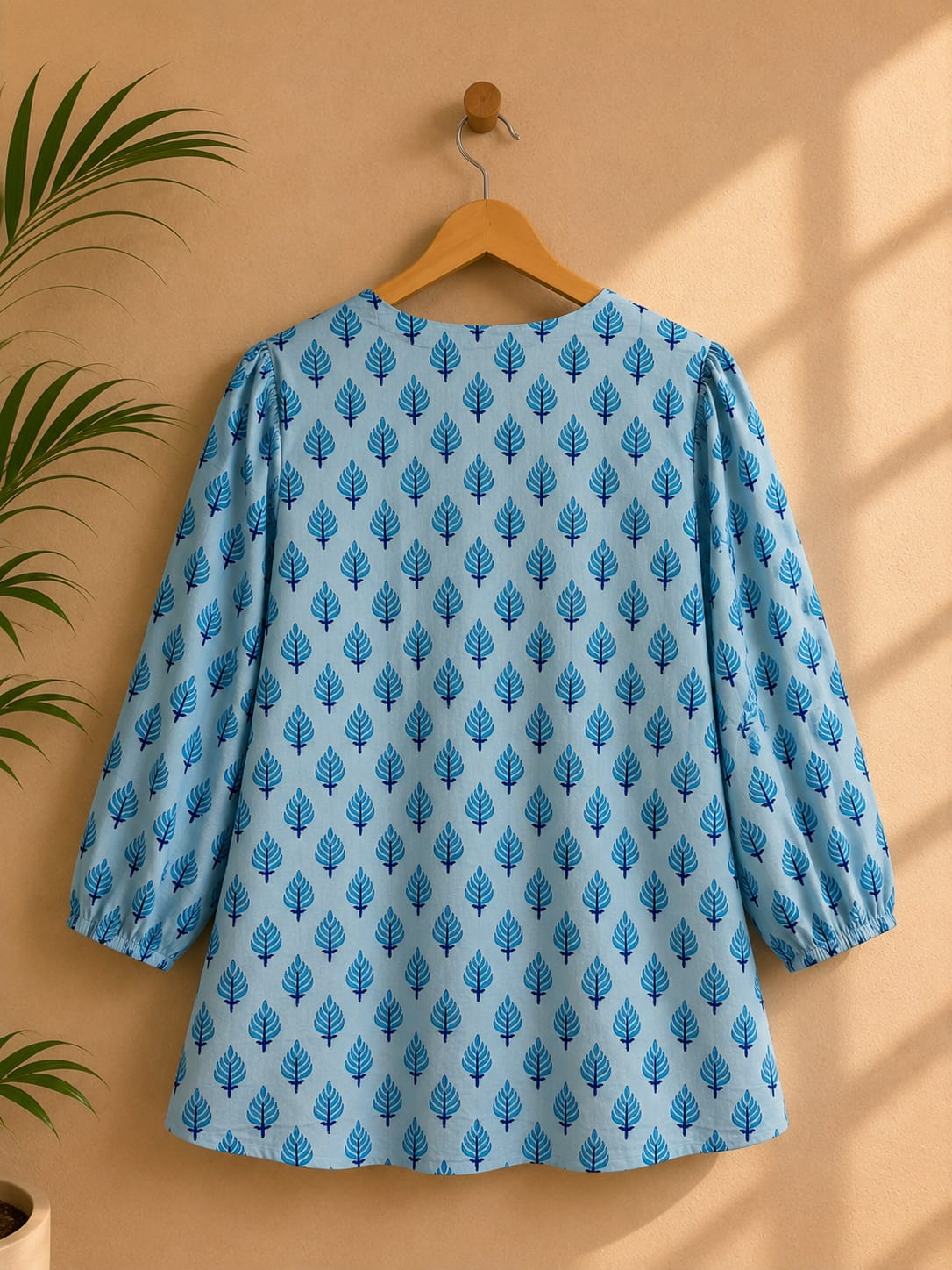 Sky Blue Leaf Booti Block Print Peplum Top