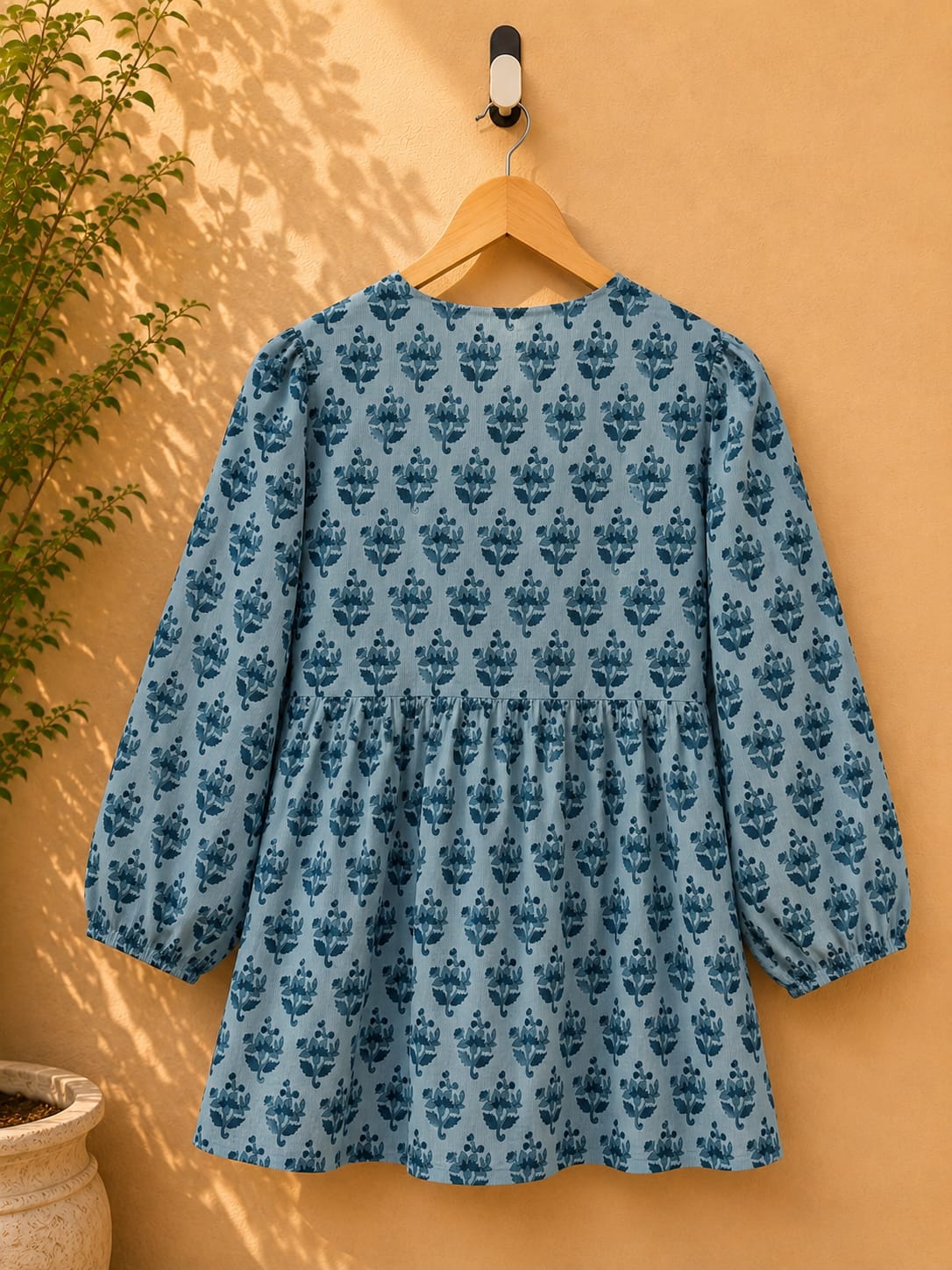 Blue Floral Booti Block Print Peplum Top