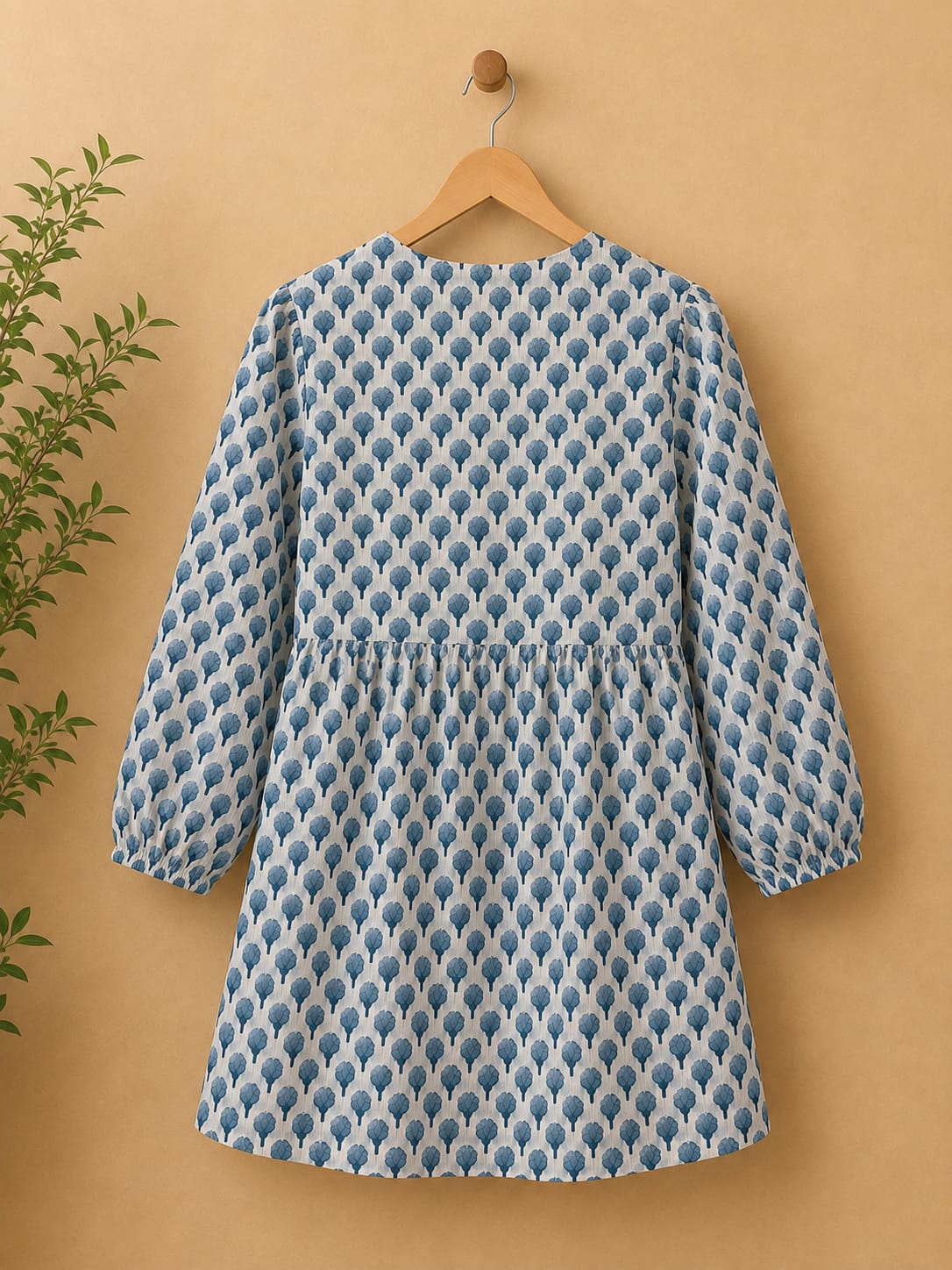 White & Blue Flower Motif Block Print Peplum Top