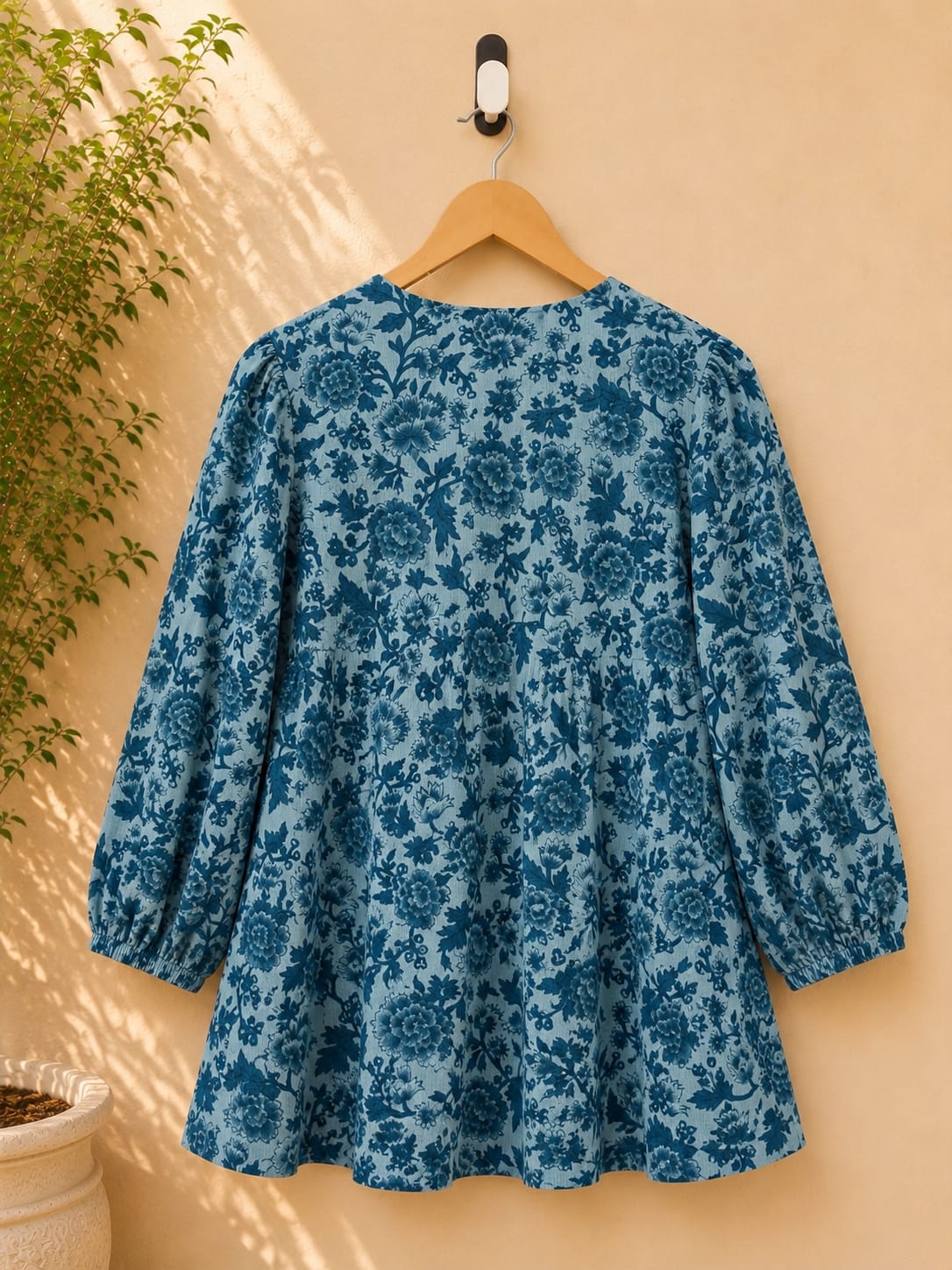 Steel Blue Floral Block Print Peplum Top