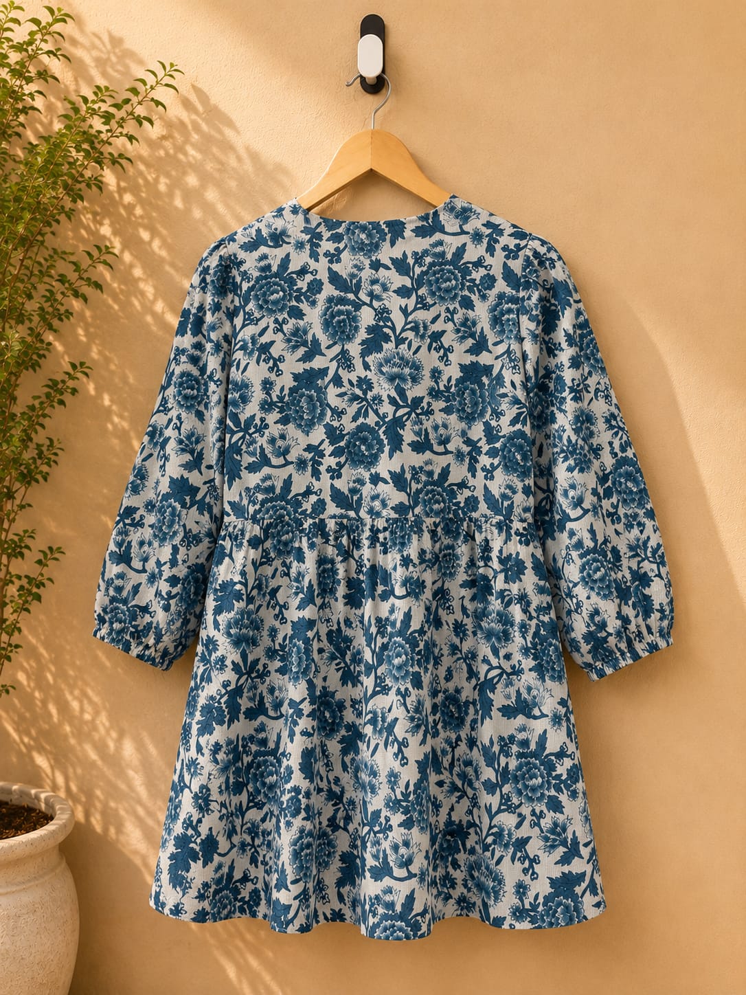 White & Teal Floral Block Print Peplum Top