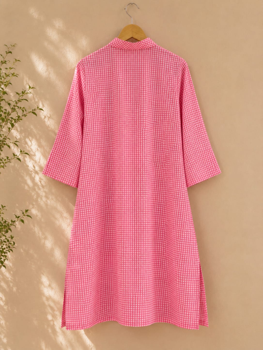 Pink Gingham Check Cotton Kurta