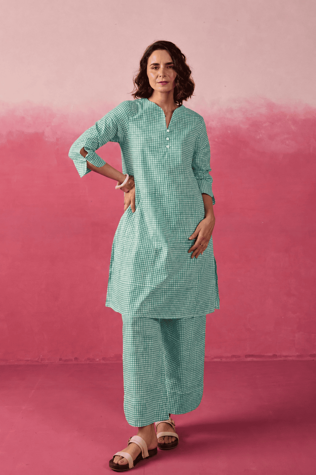 Mint Green Gingham Check Printed Cotton Co-ord Set