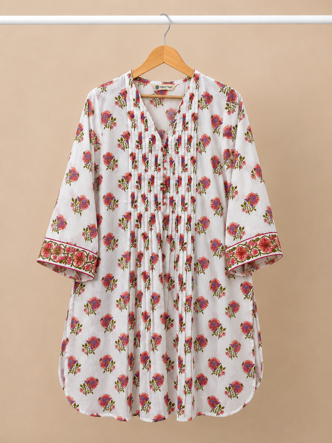 Ivory Floral Booti Pintuck Short Kurti