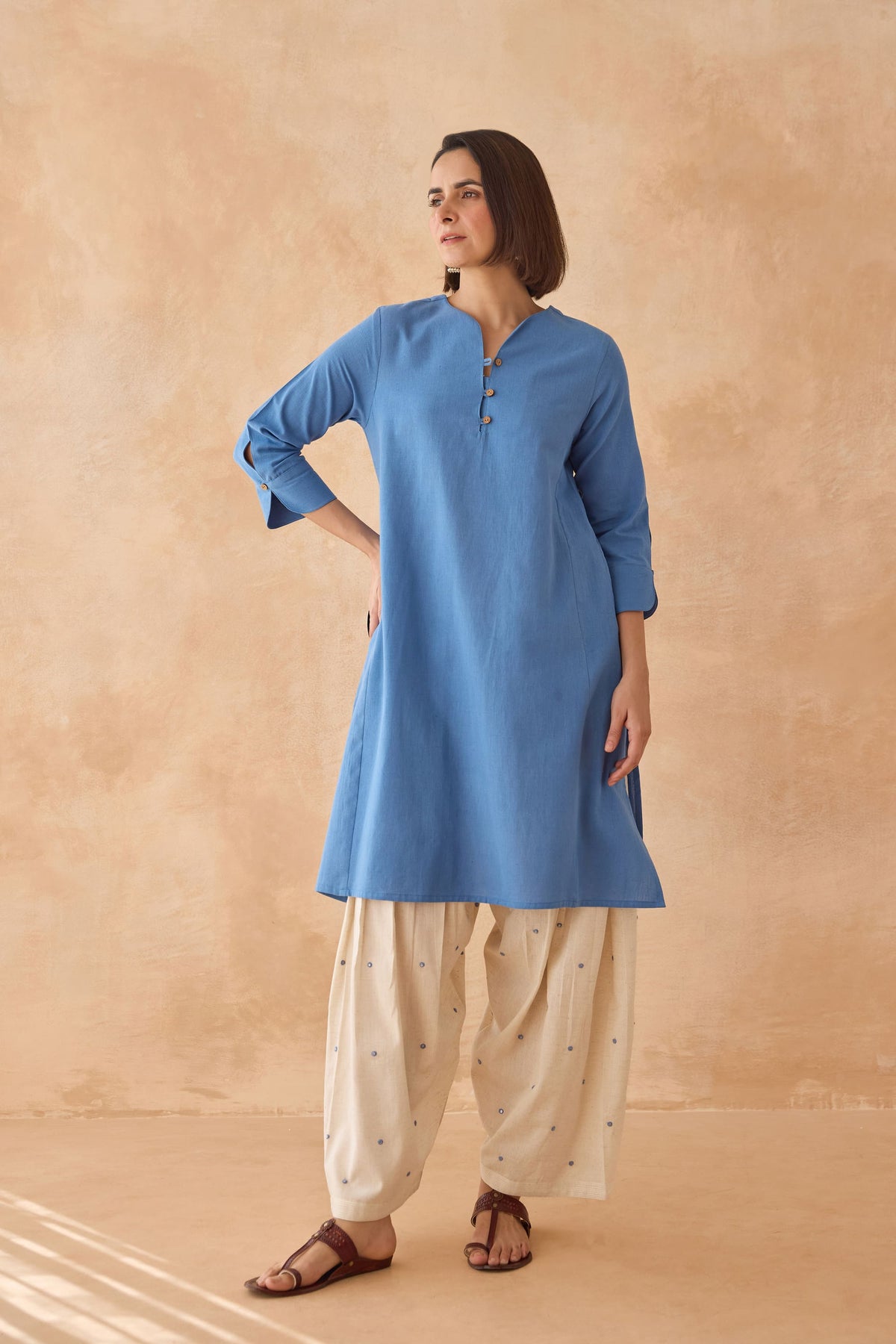 Steel Blue Cotton Flex Kurta with Embroidered Salwar