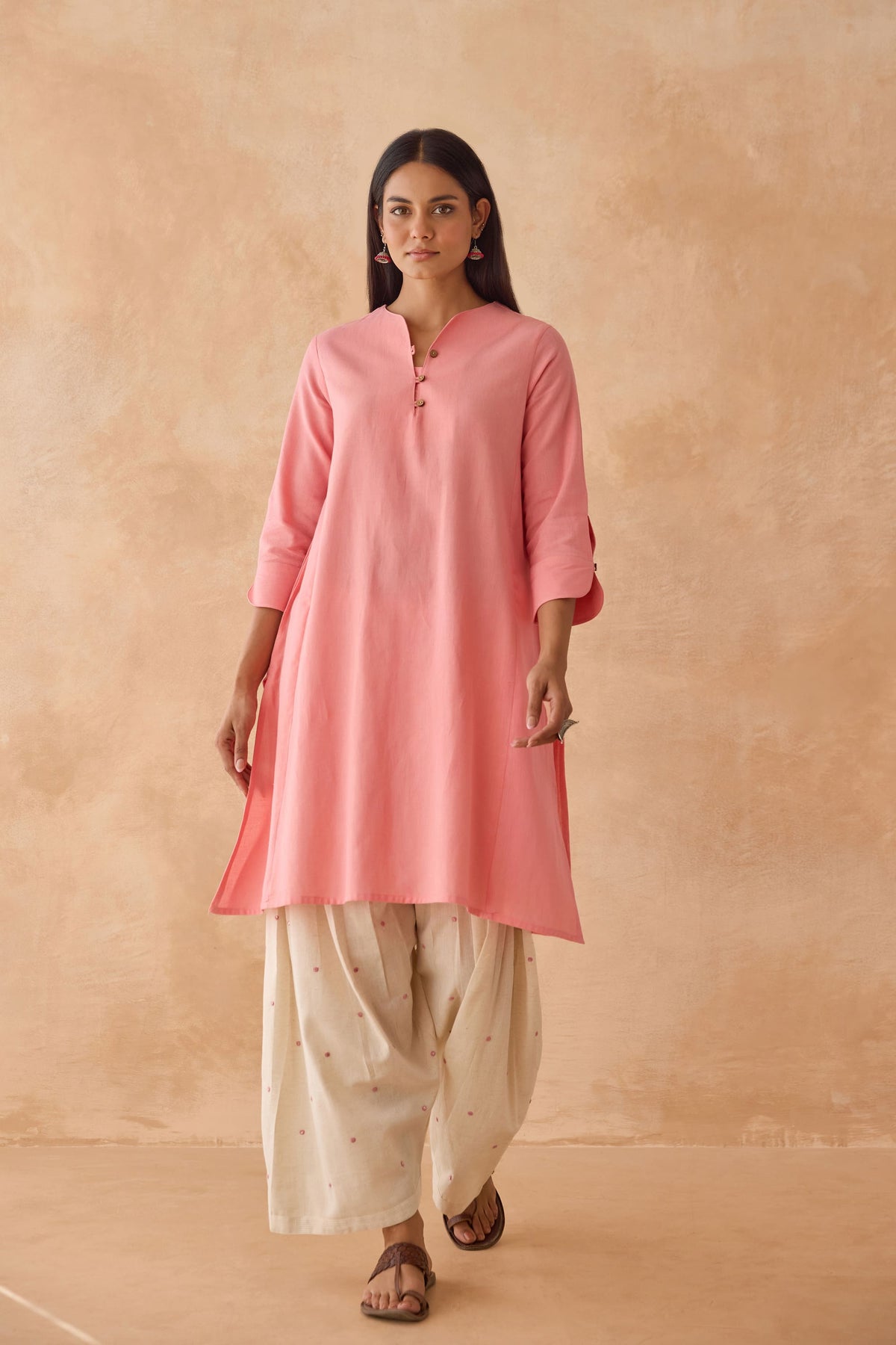 Blush Pink Cotton Kurta with Embroidered Salwar Co-ord Set