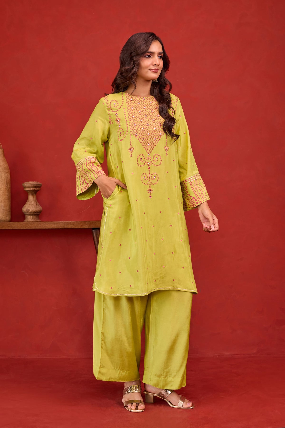 Lime Green Bandhani Print Embroidered Art Silk Co-ord Set