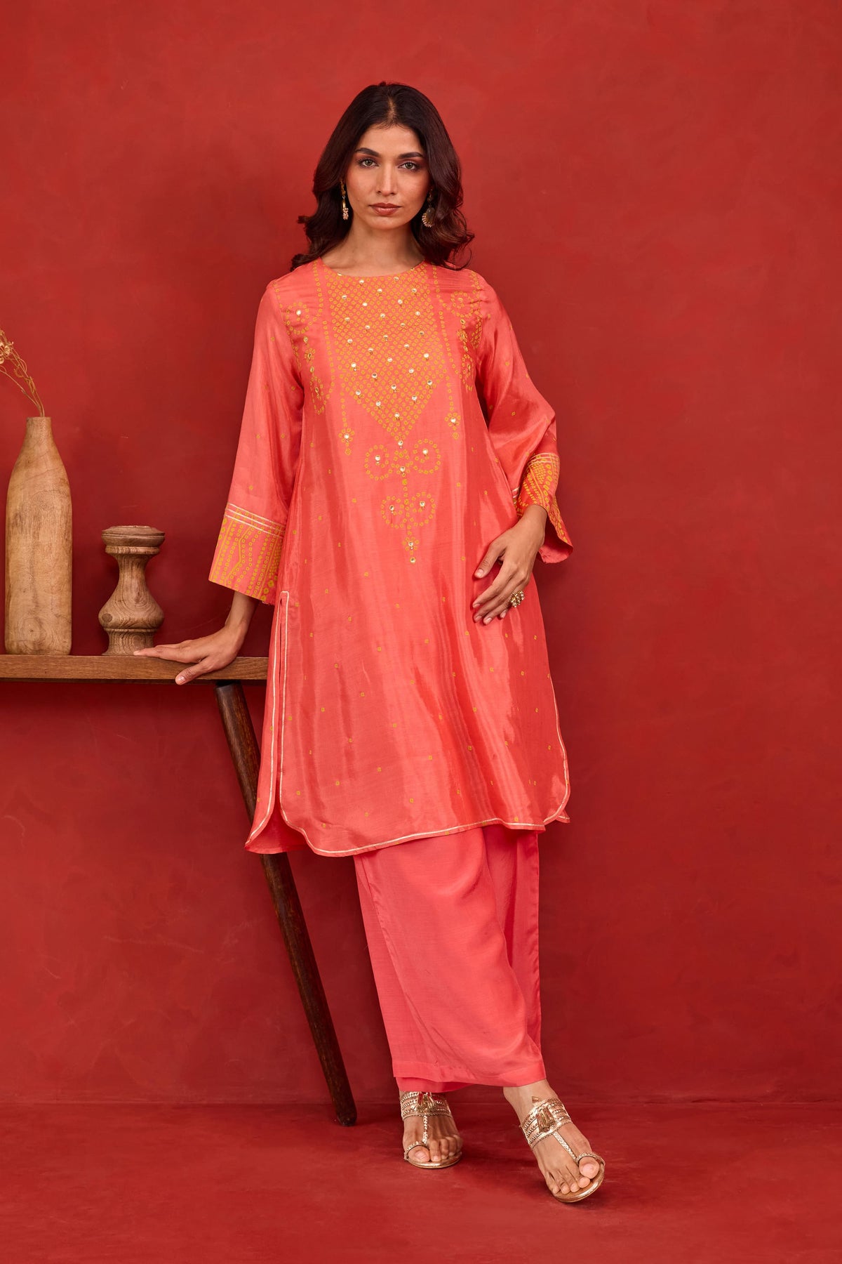 Coral Bandhani Print Embroidered Art Silk Co-ord Set