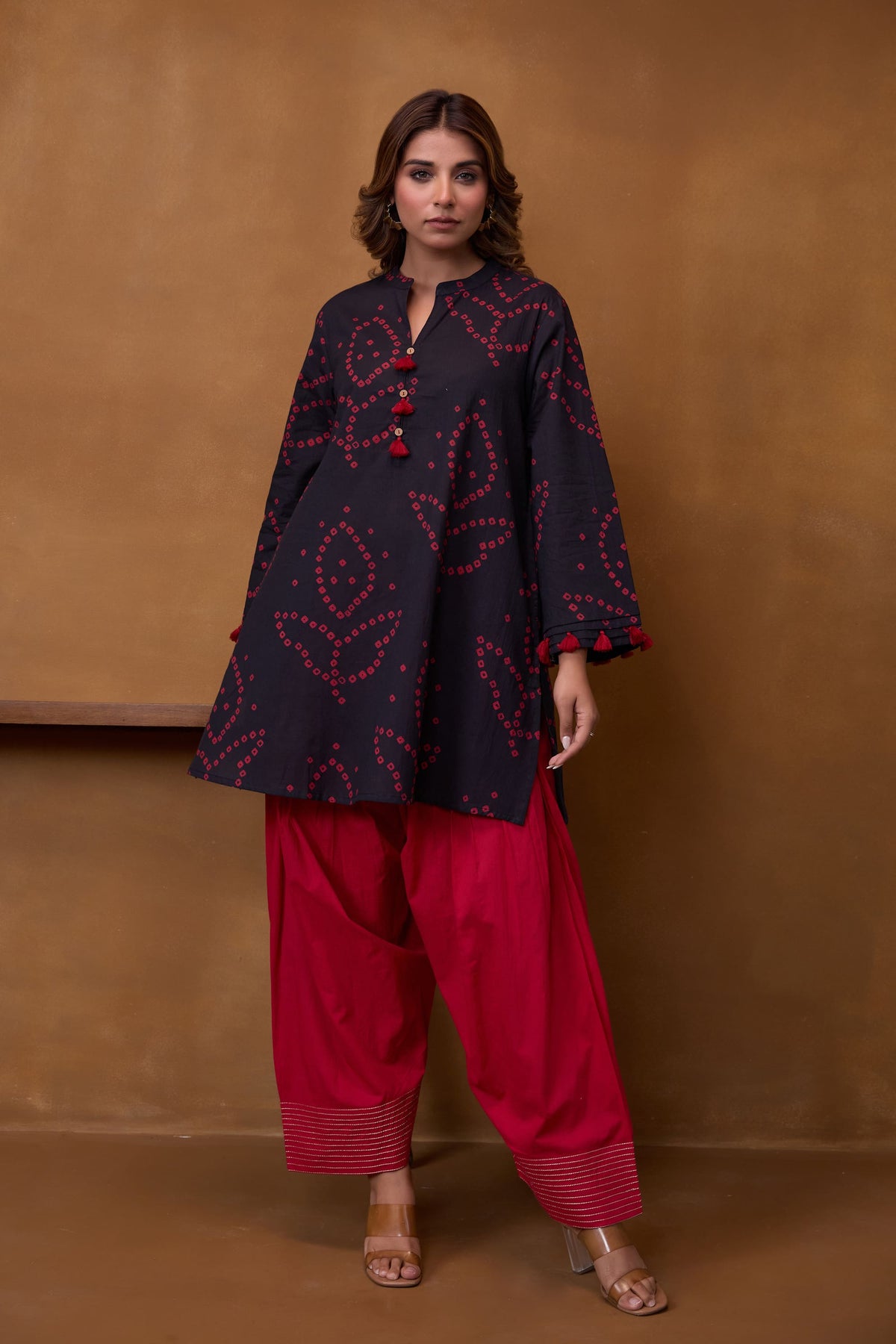 Black Bandhani Printed Kurta & Red Farsi Salwar Co-ord Set