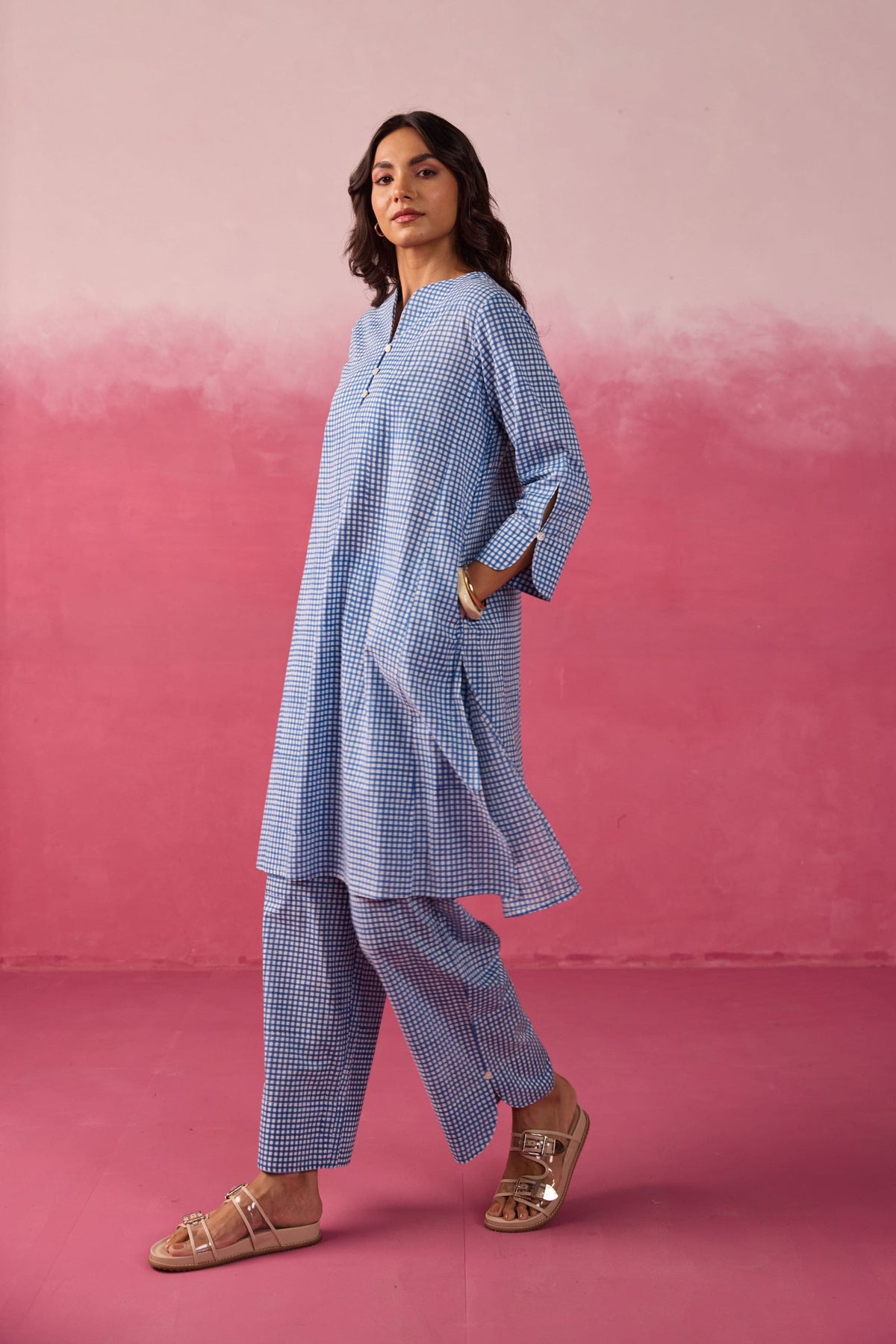 Blue Gingham Checks Printed Cotton Co-ord Set