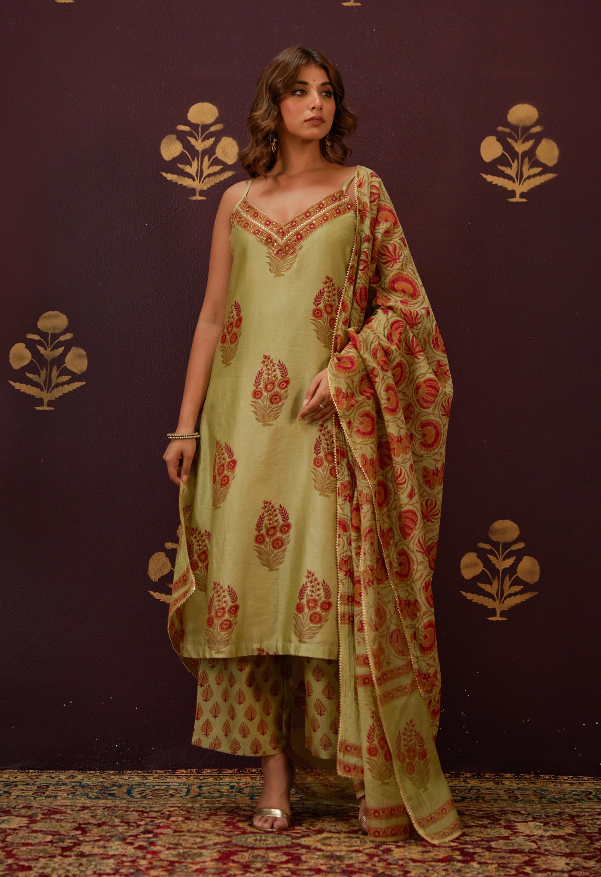 Olive Green Chanderi Hand Block Printed Suit Set With Dupatta