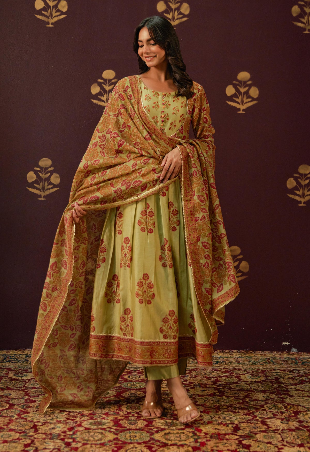 Olive Green Chanderi Hand Block Printed Suit Set With Dupatta