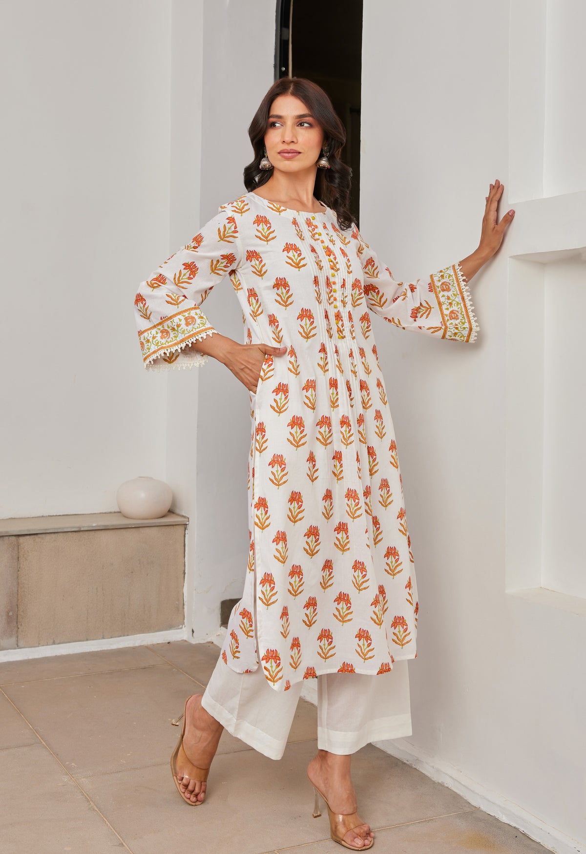 Cotton Yellow and Orange Floral Buti Printed Coord Set