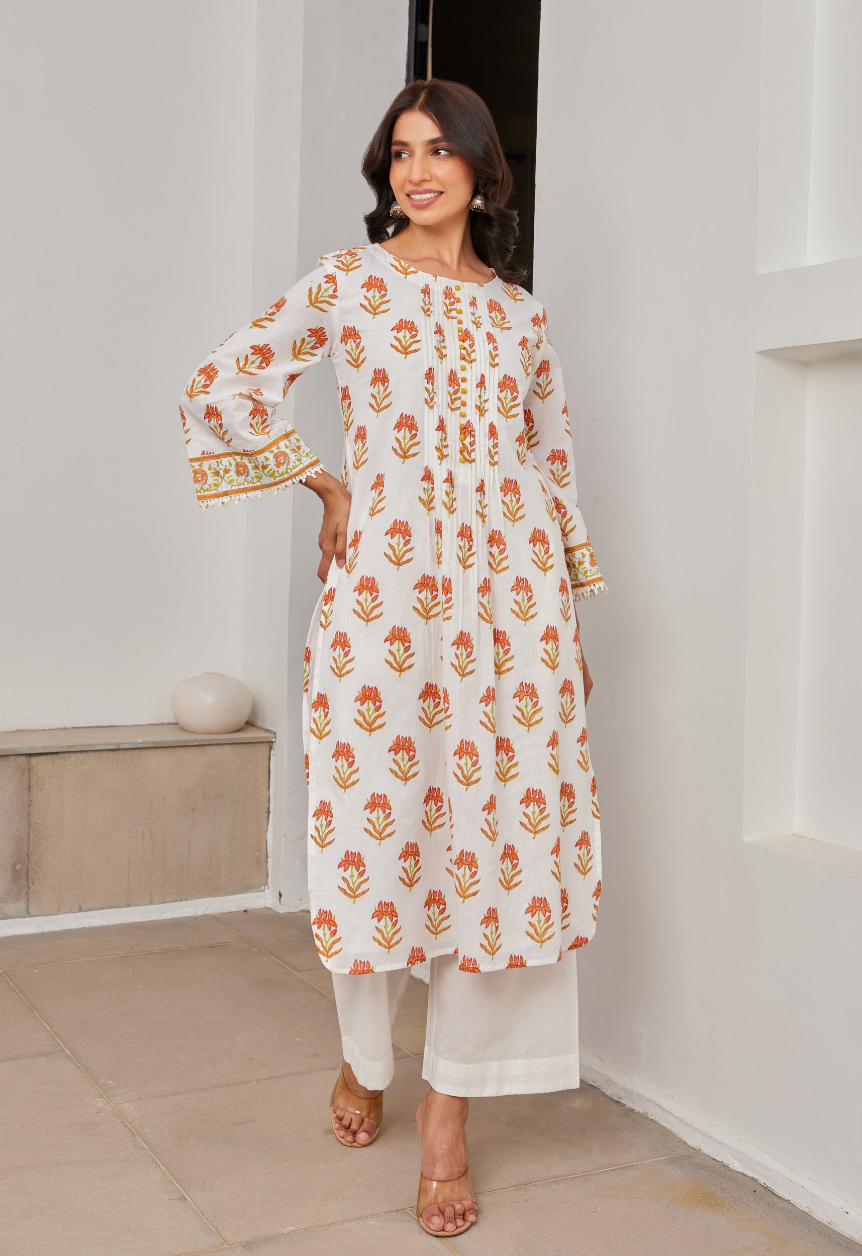 Cotton Yellow and Orange Floral Buti Printed Coord Set
