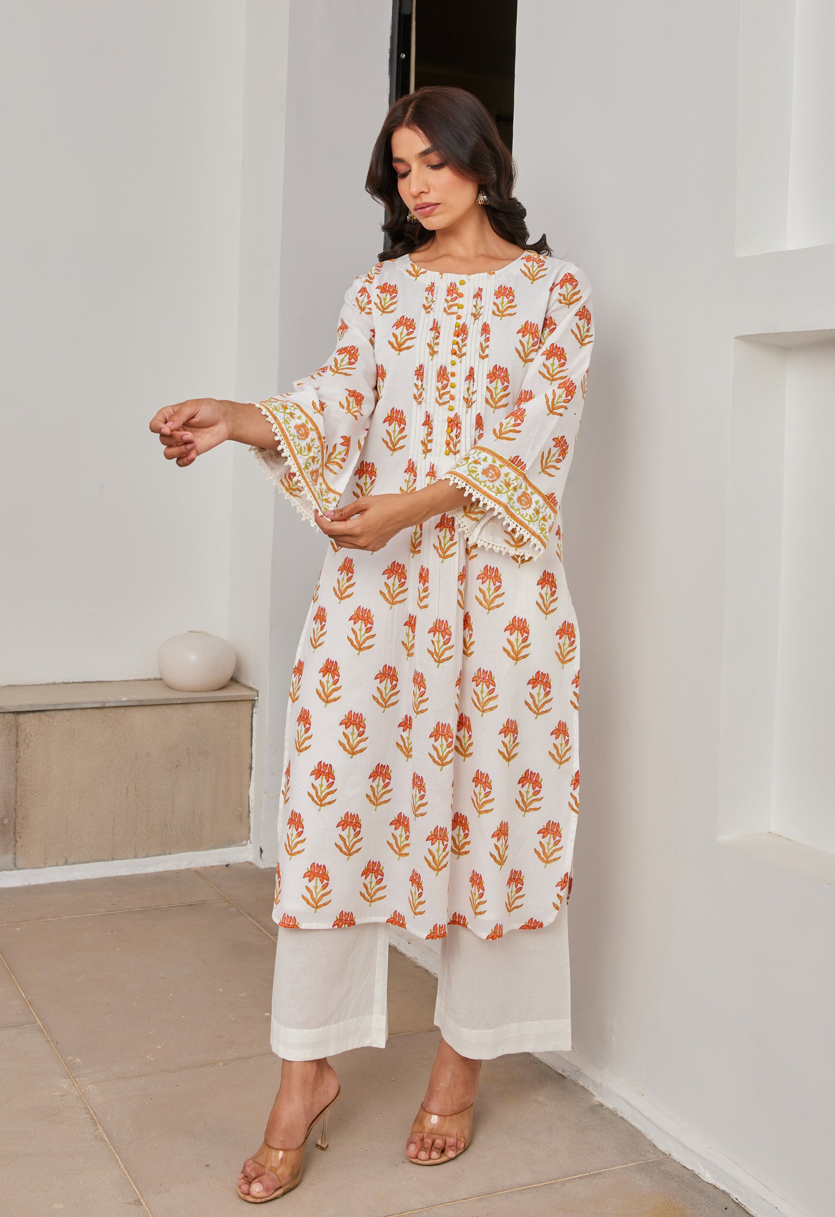 Cotton Yellow and Orange Floral Buti Printed Coord Set
