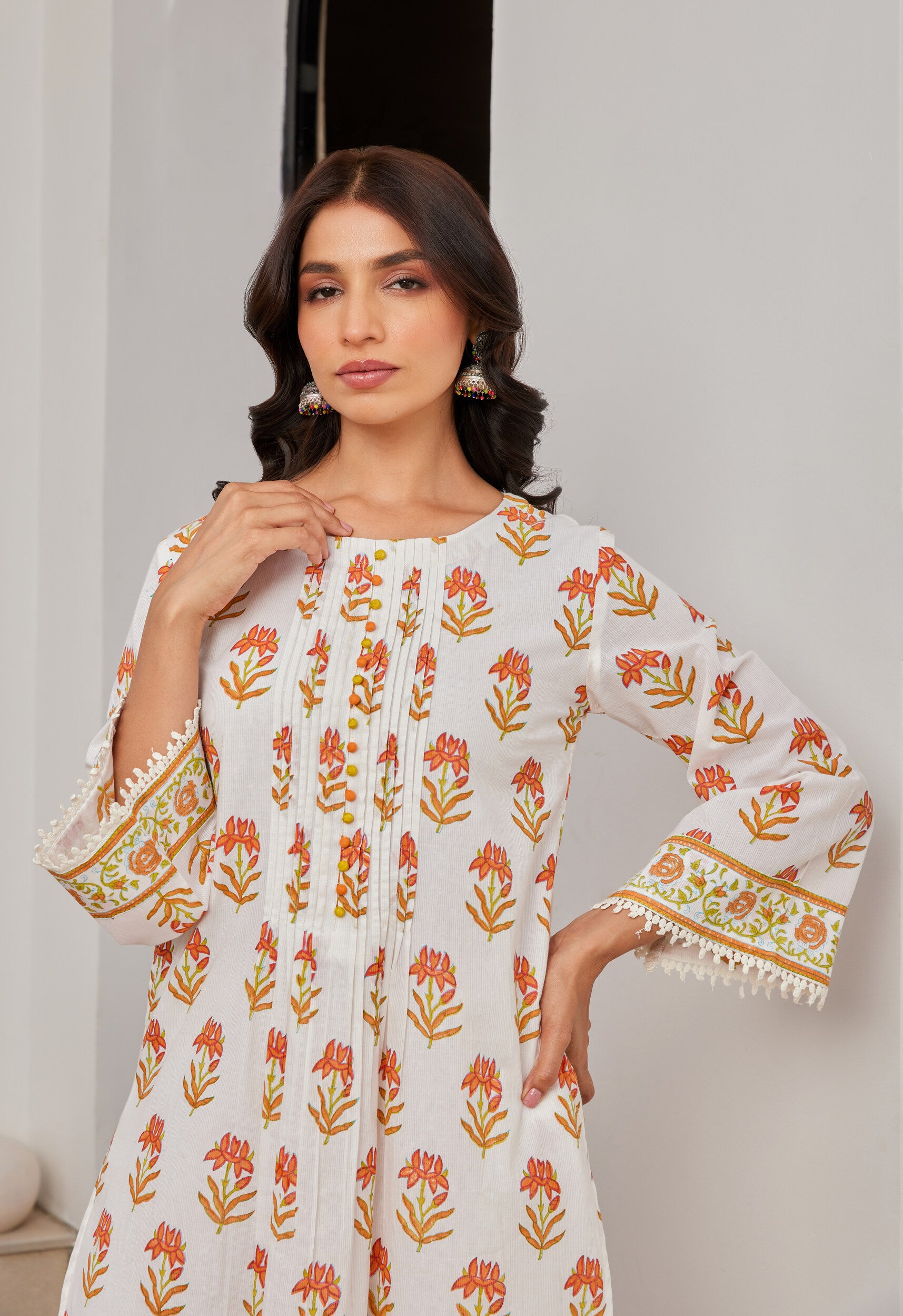 Cotton Yellow and Orange Floral Buti Printed Coord Set