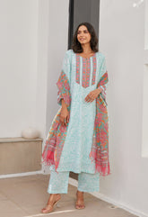 Aqua Cotton hand block Printed Kurta Set With Dupatta - Tara - C - Tara