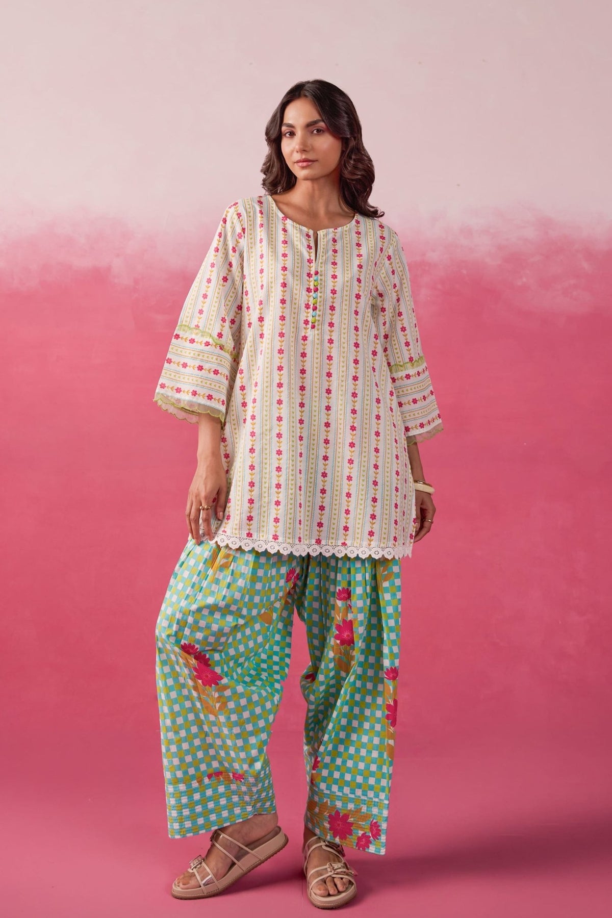 Aqua Green Botanical Stripe Scalloped Co - ord Set - Tara - C - Tara