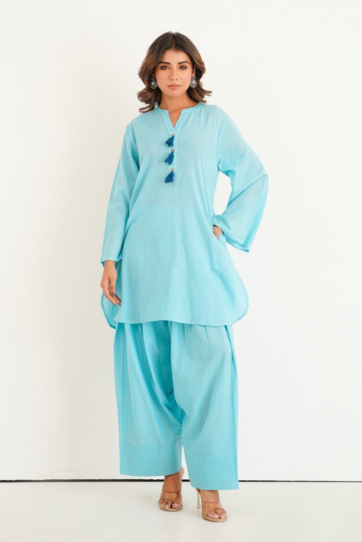 Aqua Solid Farsi Salwar Coord Set - Tara - C - Tara