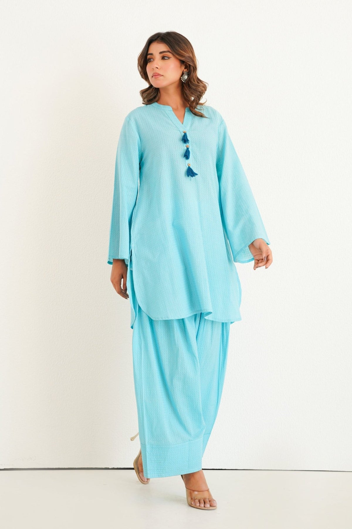 Aqua Solid Farsi Salwar Coord Set - Tara - C - Tara