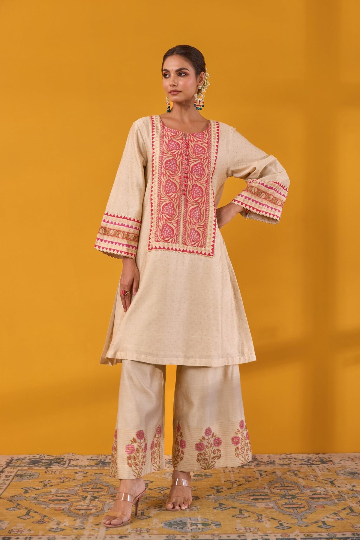 Beige Chanderi Hand Block Printed Coord Set - Tara - C - Tara