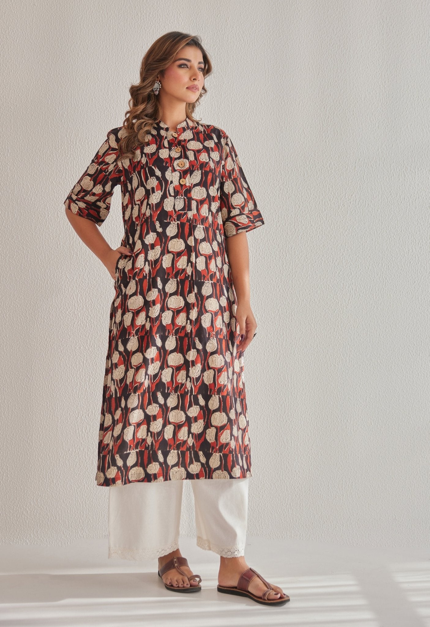 Black & Blue Flowers Buta Bagru Block Printed Cotton Long Kurta
