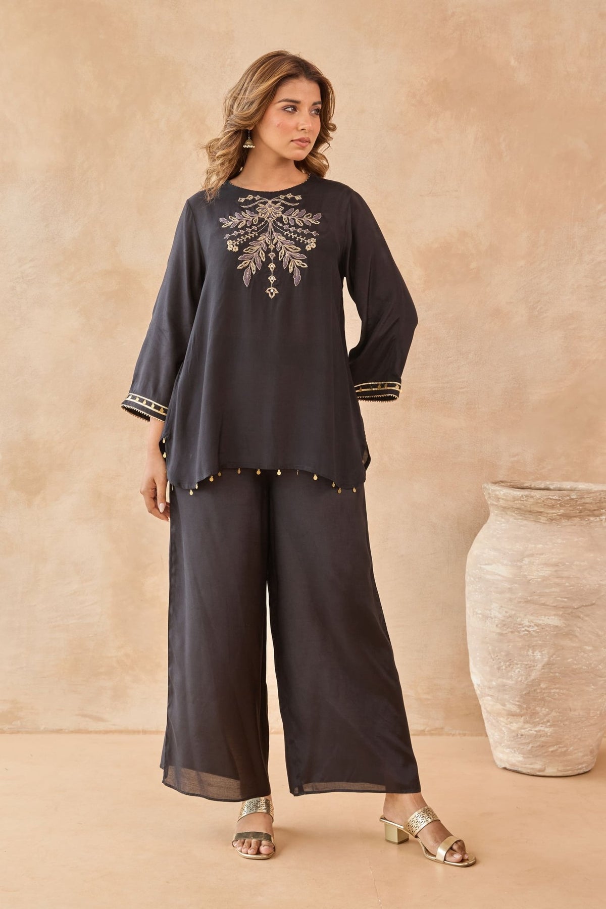 Black Coin-Tassel Embroidered Co-ord Set - Tara-C-Tara