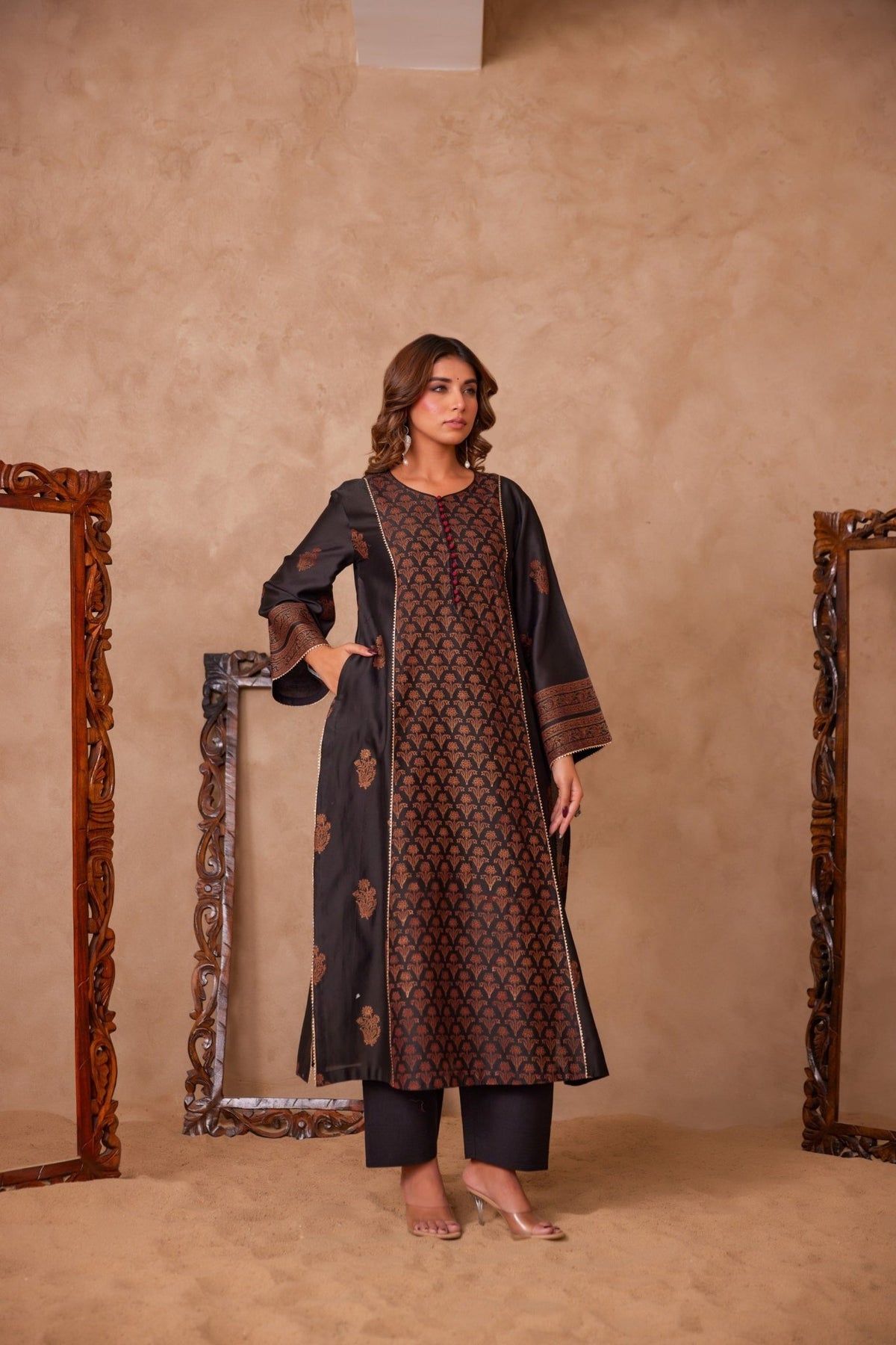 Black Cotton Hand Block Gold Printed Coord Set - Tara - C - Tara