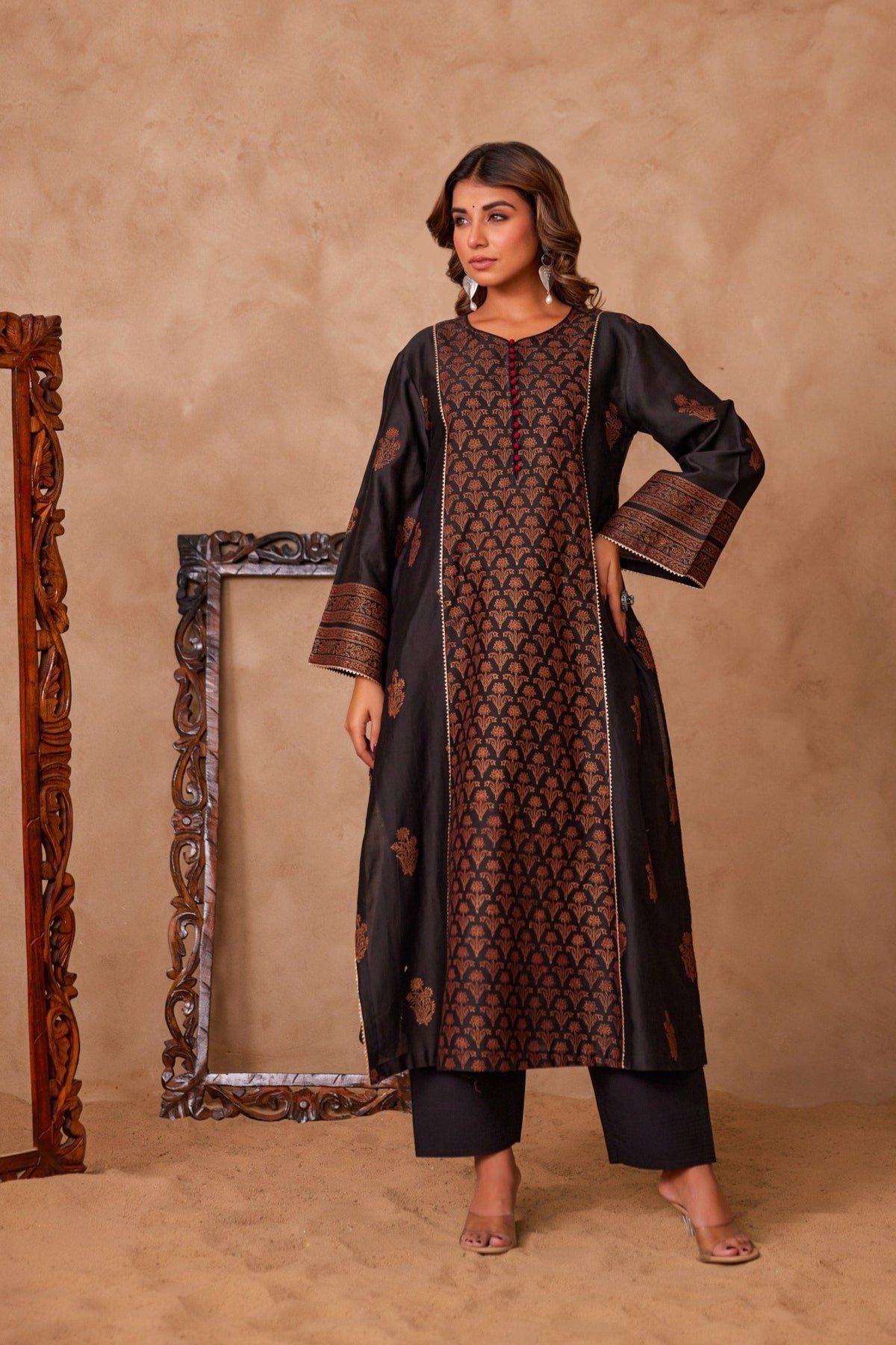 Black Cotton Hand Block Gold Printed Coord Set - Tara - C - Tara