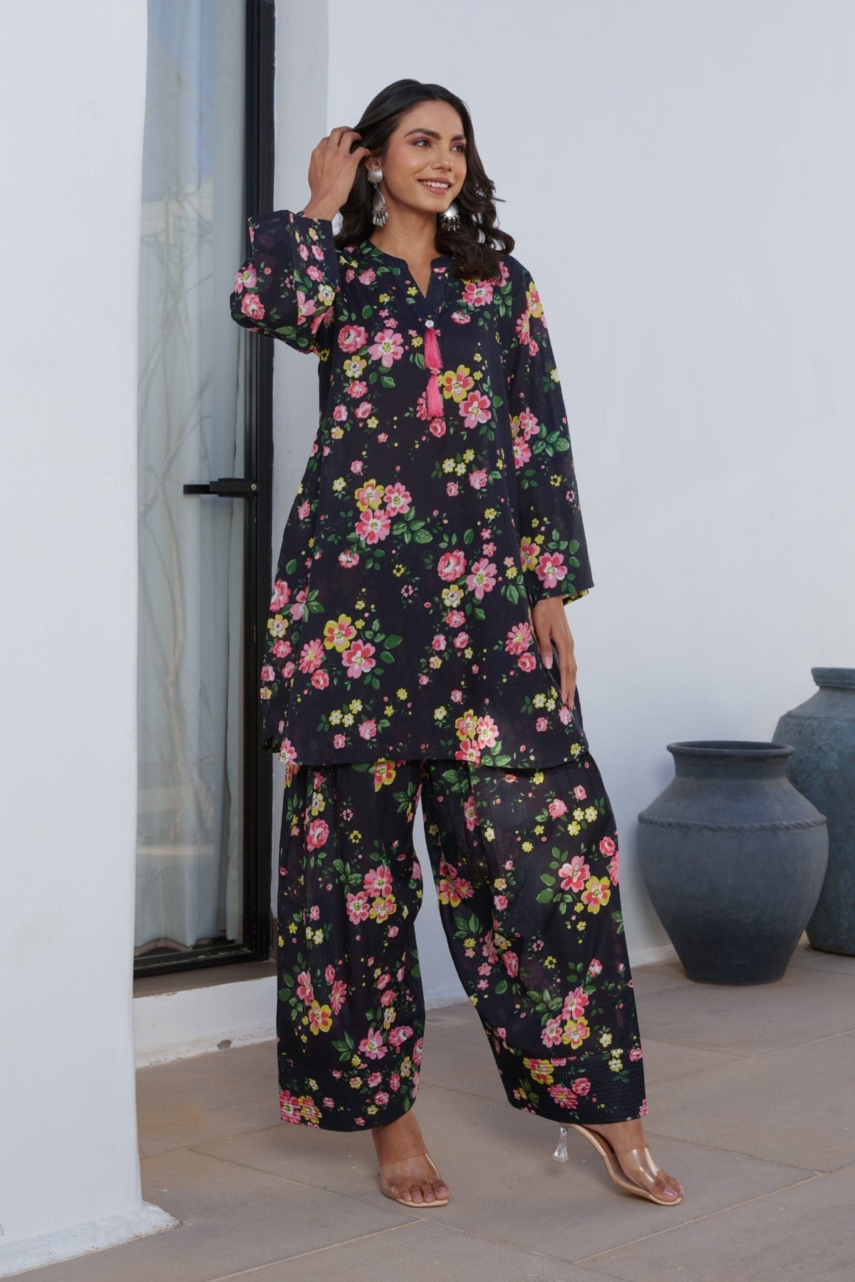 Black Floral Farsi Salwar Coord Set - Tara - C - Tara