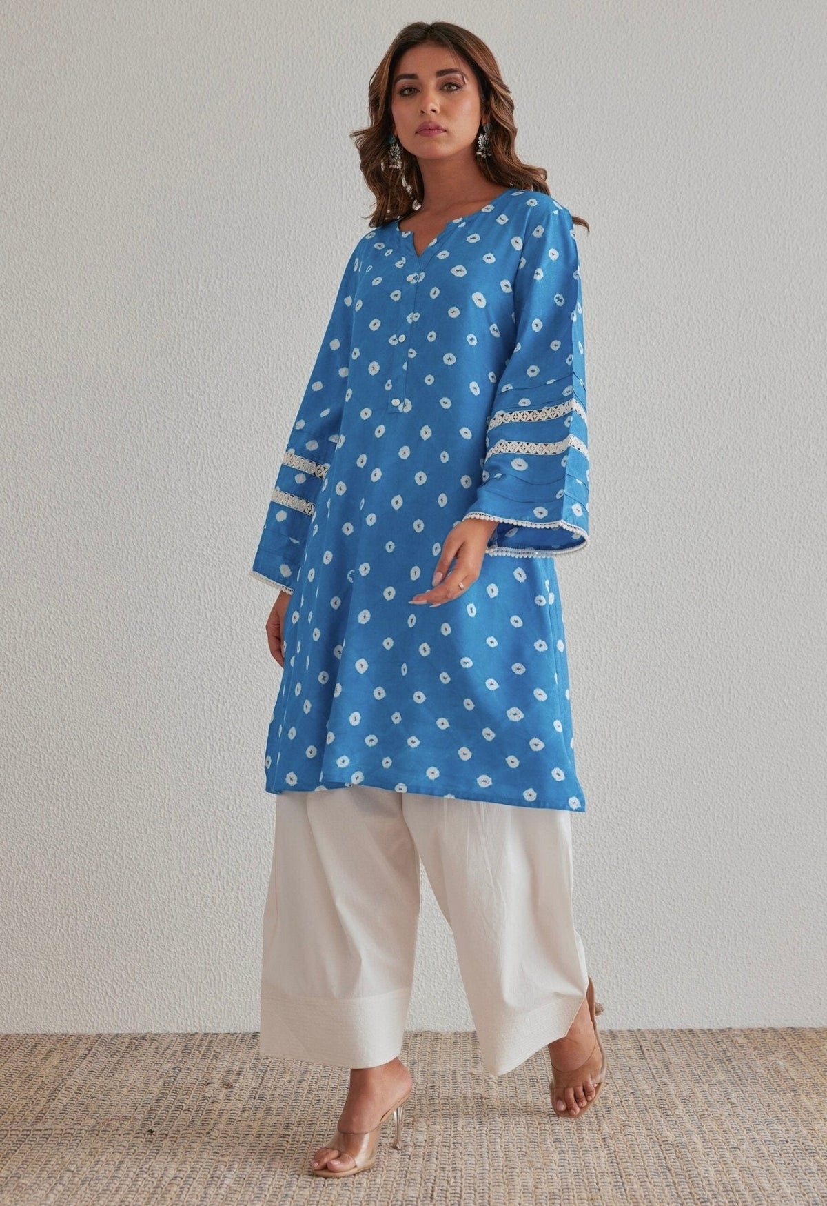 Blue Bandhej Hand Tie Dye Coord Set With Farsi Salwar - Tara - C - Tara