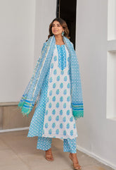 Blue Cotton hand Block Printed Kurta Set With Dupatta - Tara - C - Tara