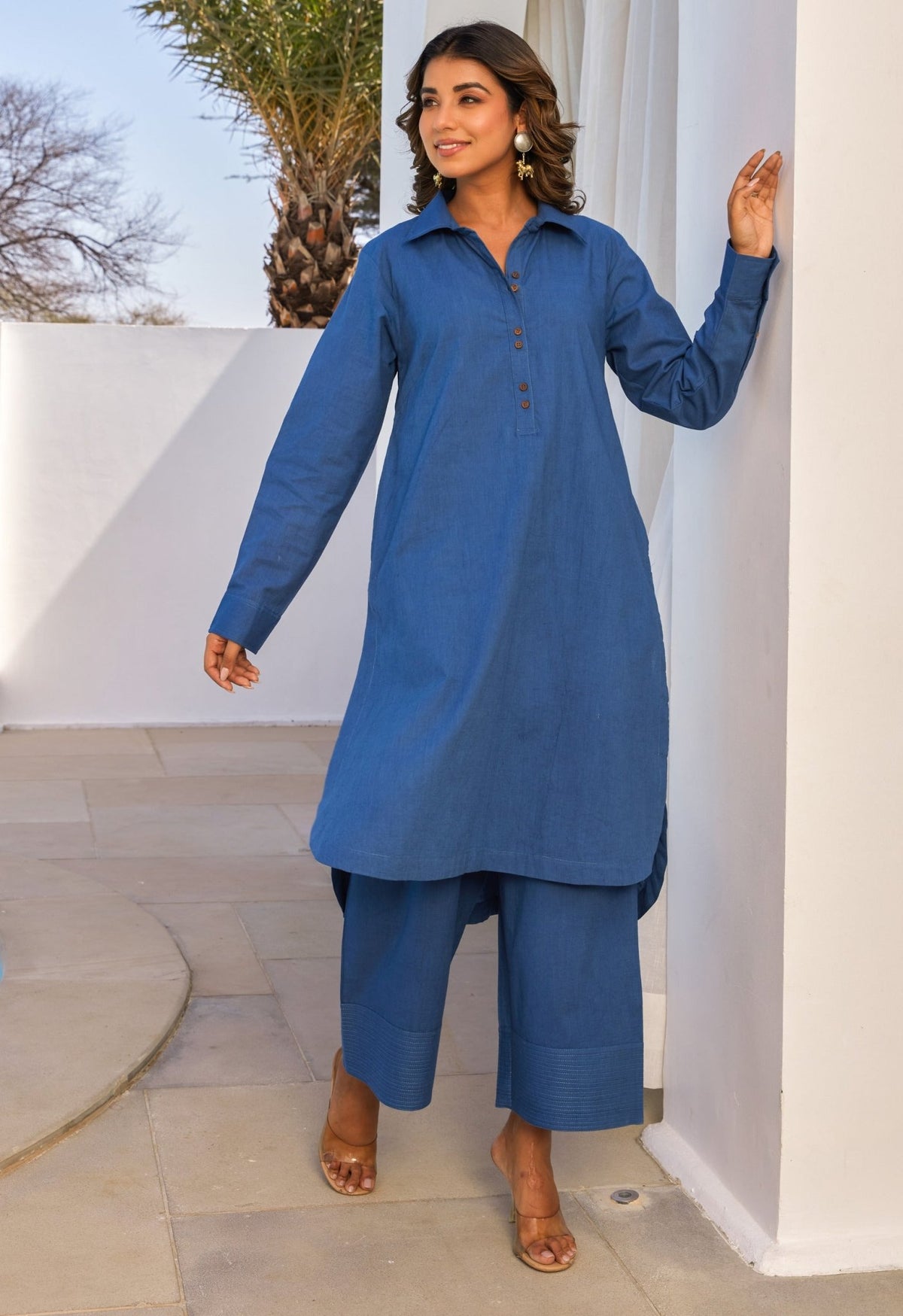 Blue Cotton Slub Solid Coord Set - Tara - C - Tara