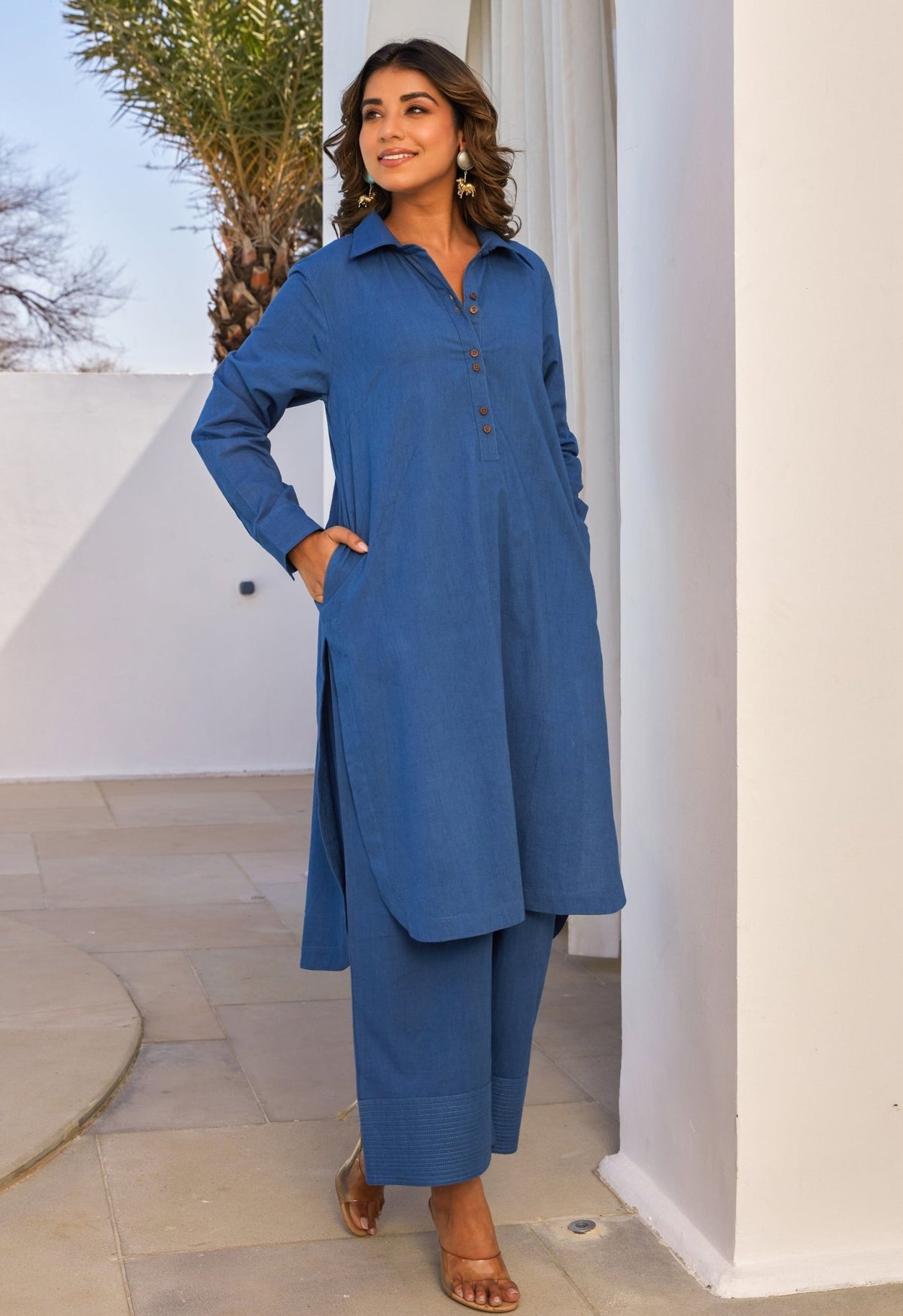 Blue Cotton Slub Solid Coord Set - Tara - C - Tara