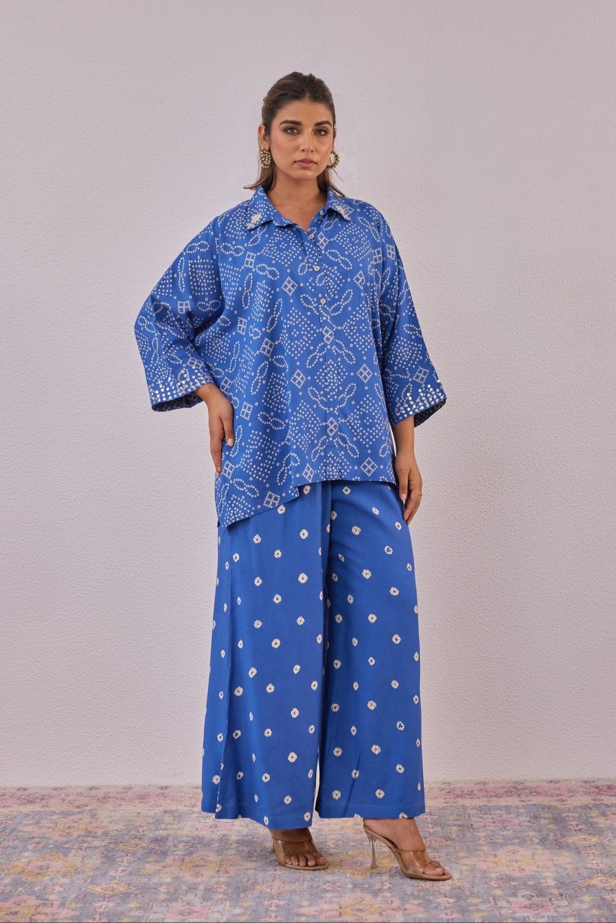 Blue Embroidered Bandhej Printed Coord Set With Palazzo Pant - Tara - C - Tara
