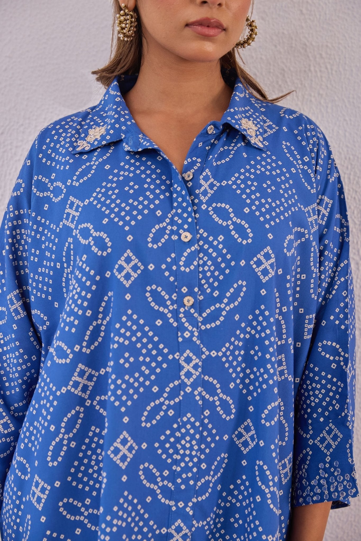 Blue Embroidered Bandhej Printed Coord Set With Palazzo Pant - Tara - C - Tara
