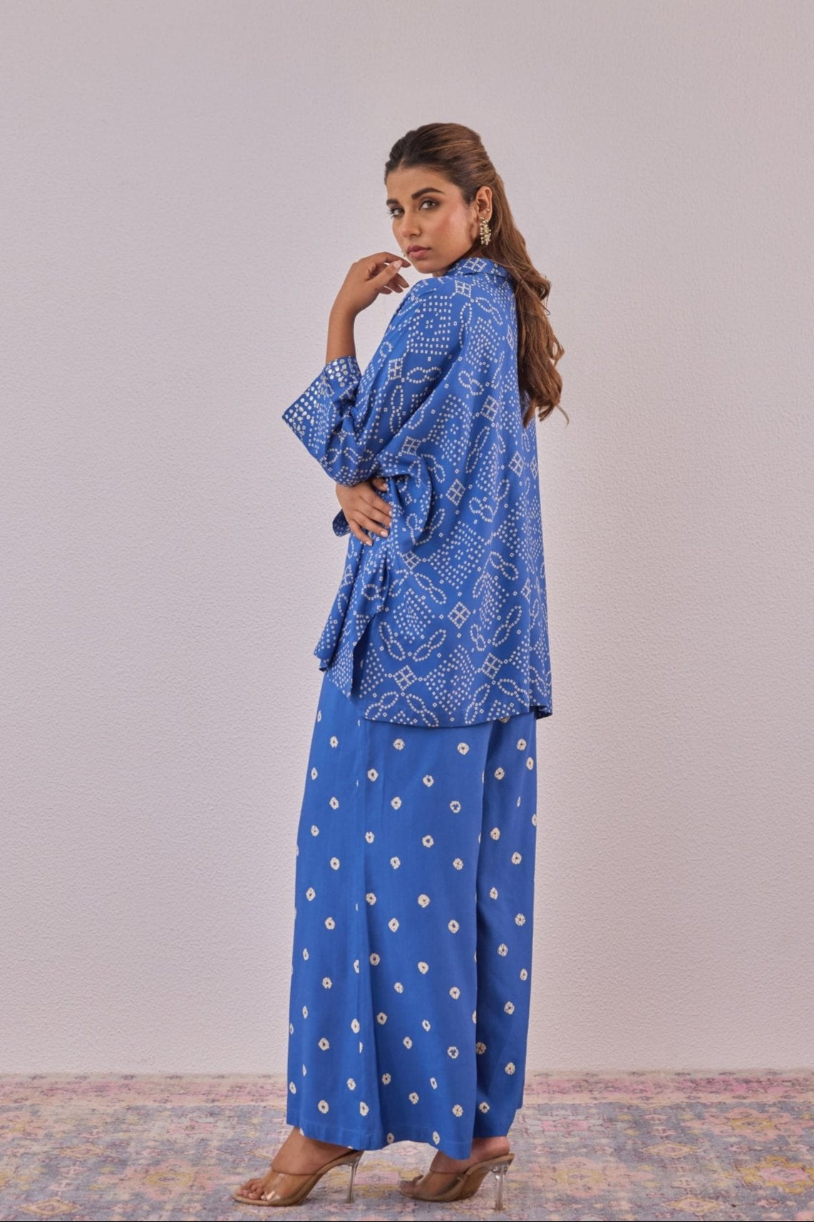 Blue Embroidered Bandhej Printed Coord Set With Palazzo Pant - Tara - C - Tara