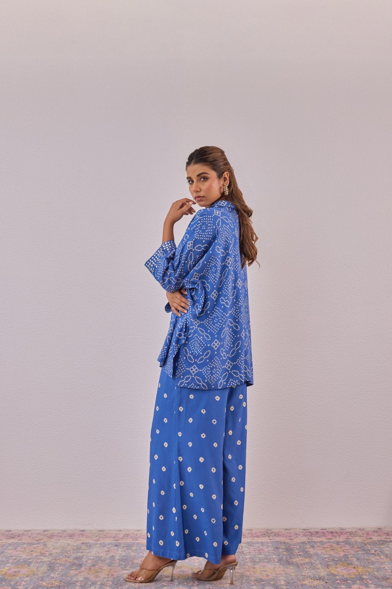 Blue Embroidered Bandhej Printed Coord Set With Palazzo Pant - Tara - C - Tara