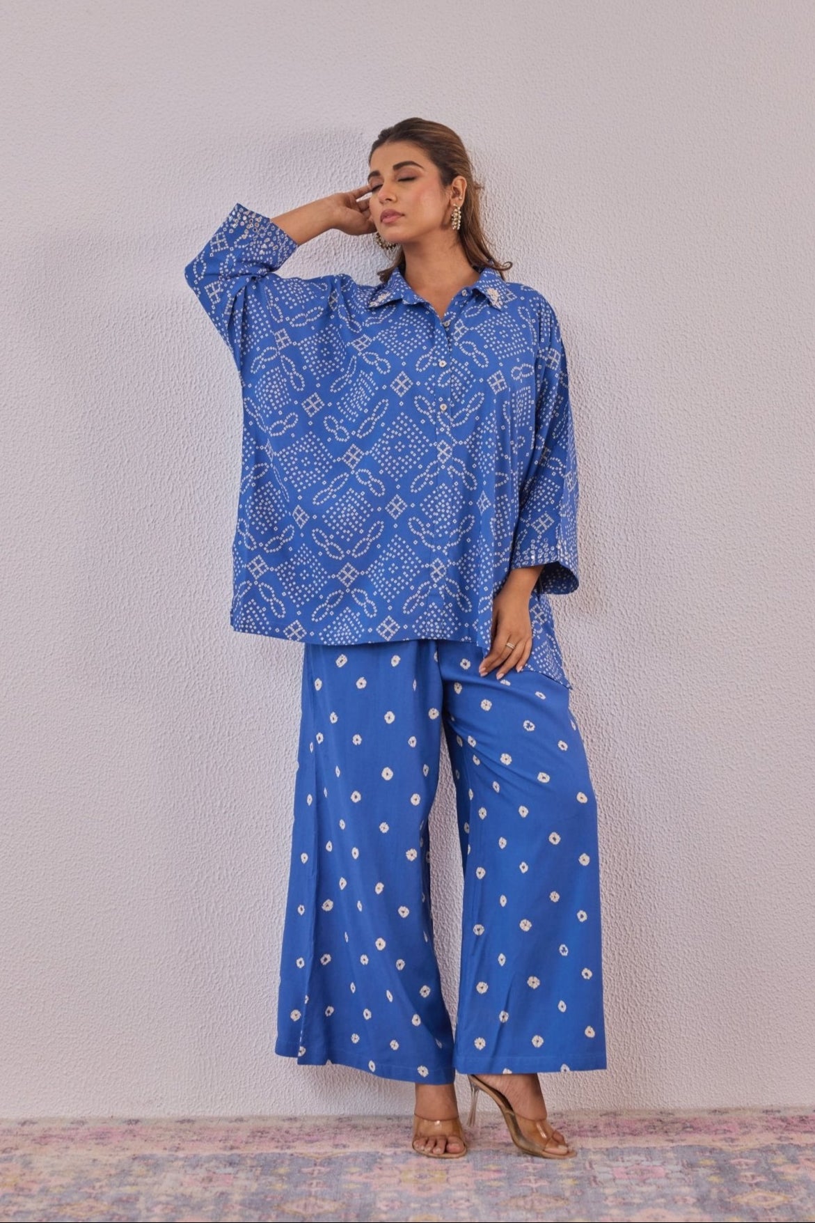 Blue Embroidered Bandhej Printed Coord Set With Palazzo Pant - Tara - C - Tara