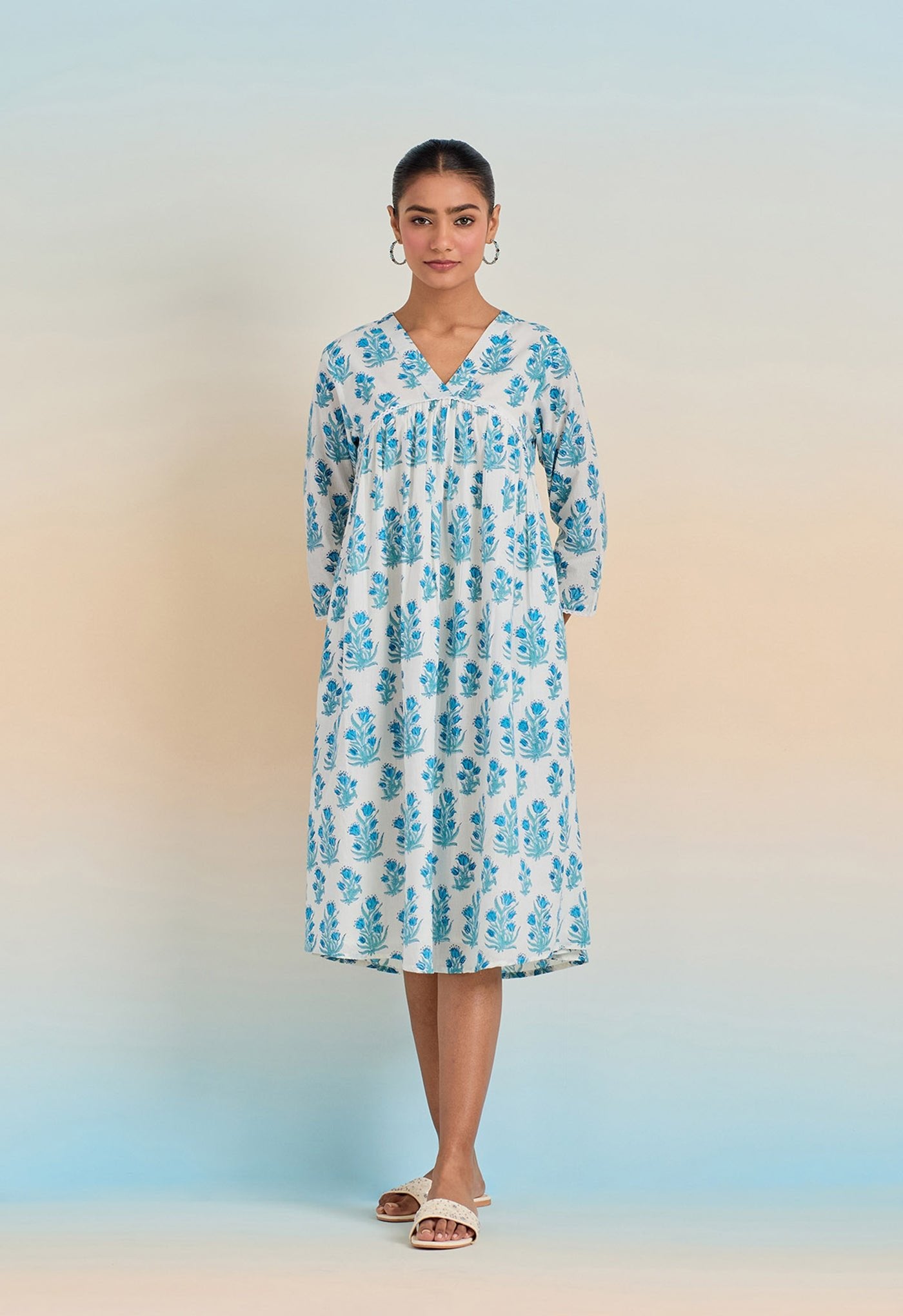 Blue Floral hand block buti printed tunic dress