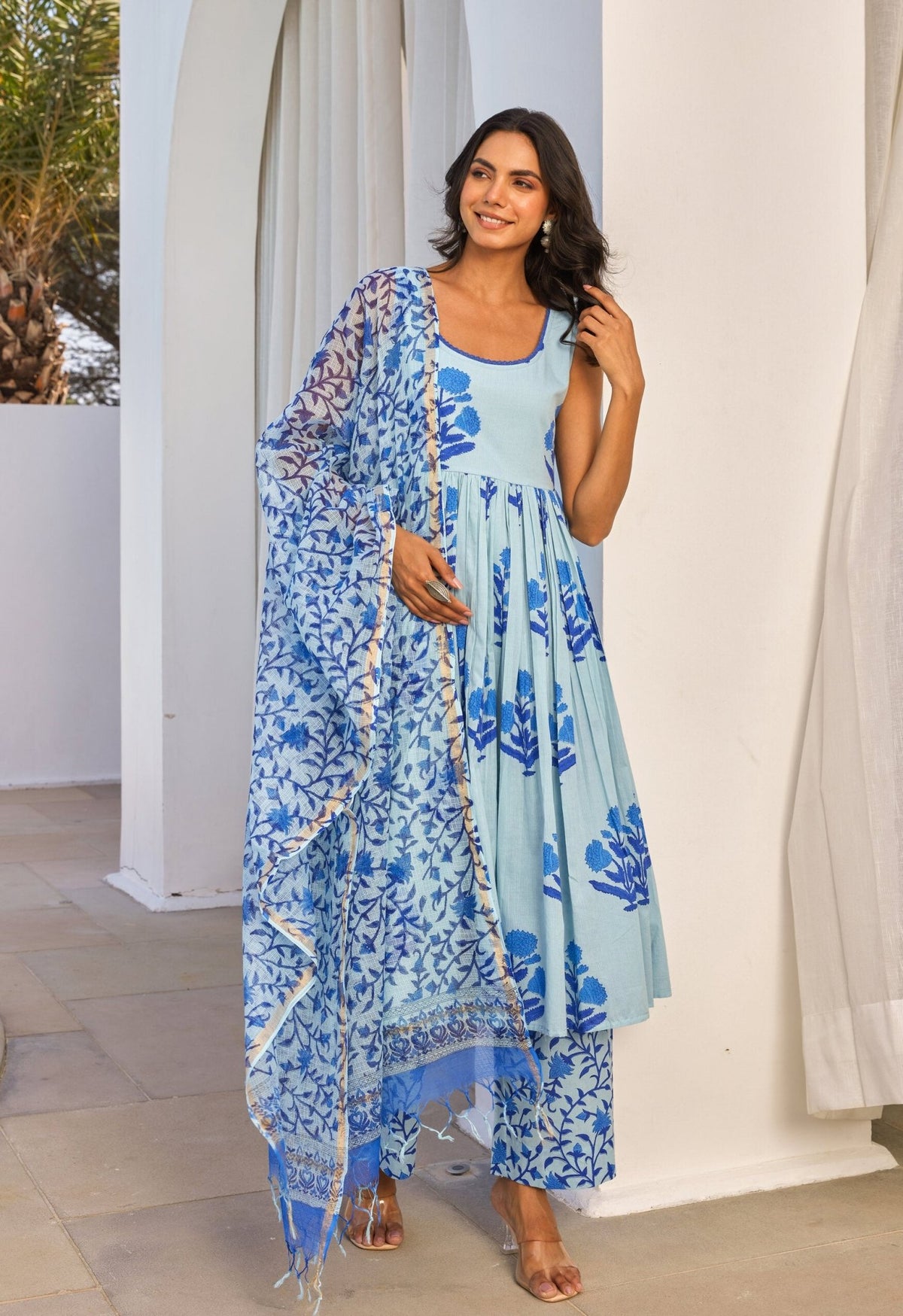 Blue Floral Hand Block Printed Kurta Set - Tara - C - Tara