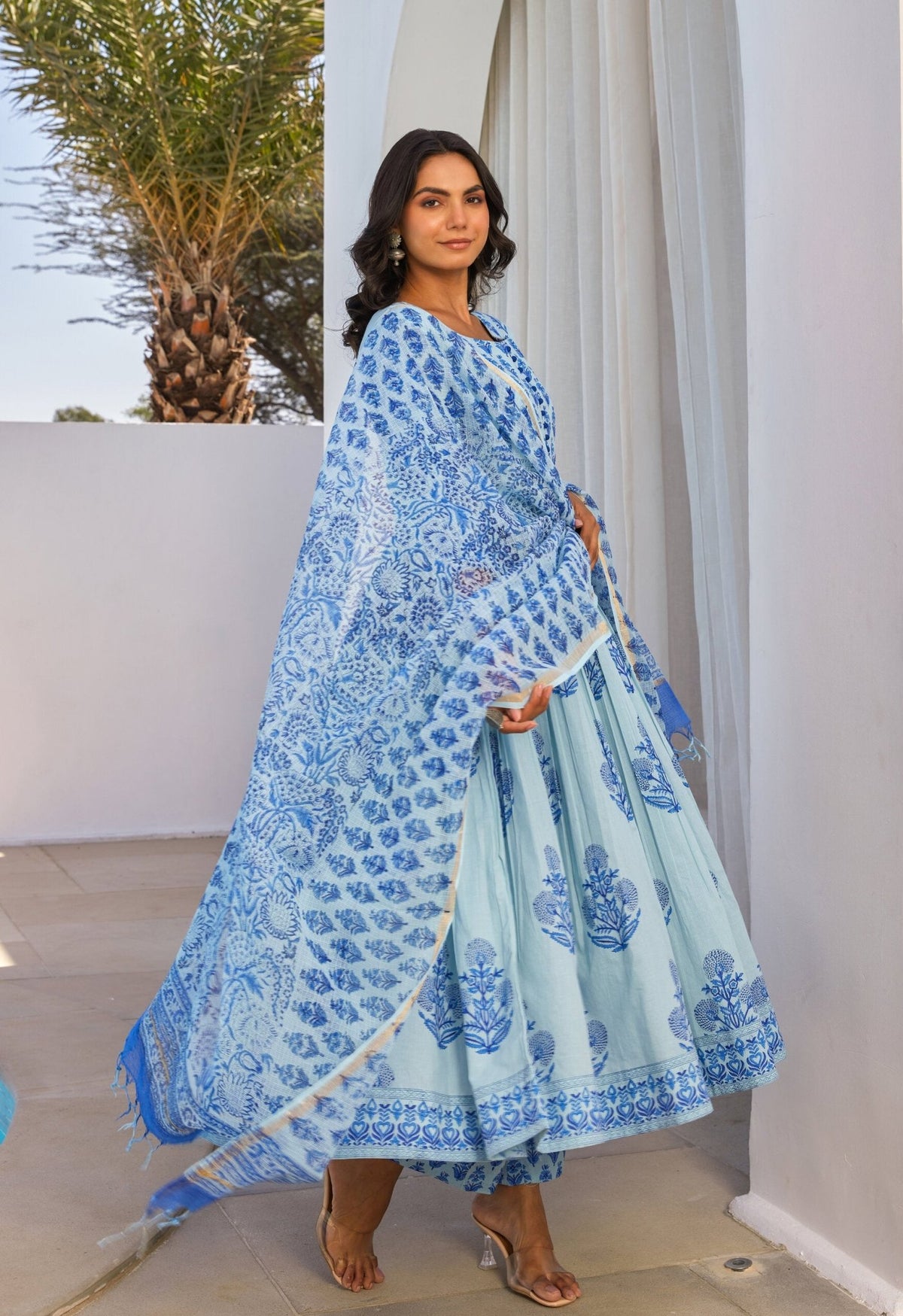 Blue Hand Block Printed Anarkali kurta Set With Dupatta - Tara - C - Tara