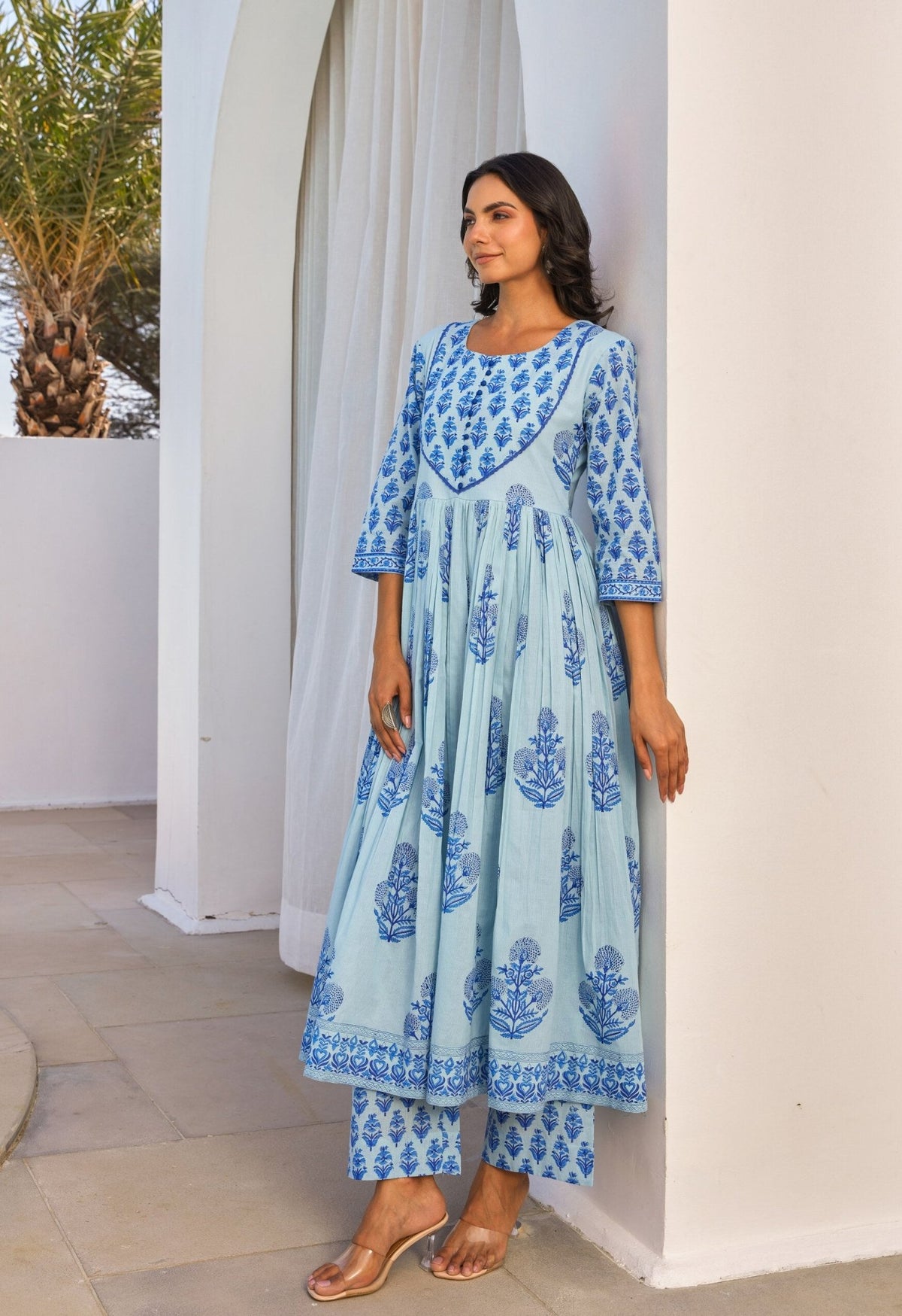 Blue Hand Block Printed Anarkali kurta Set With Dupatta - Tara - C - Tara