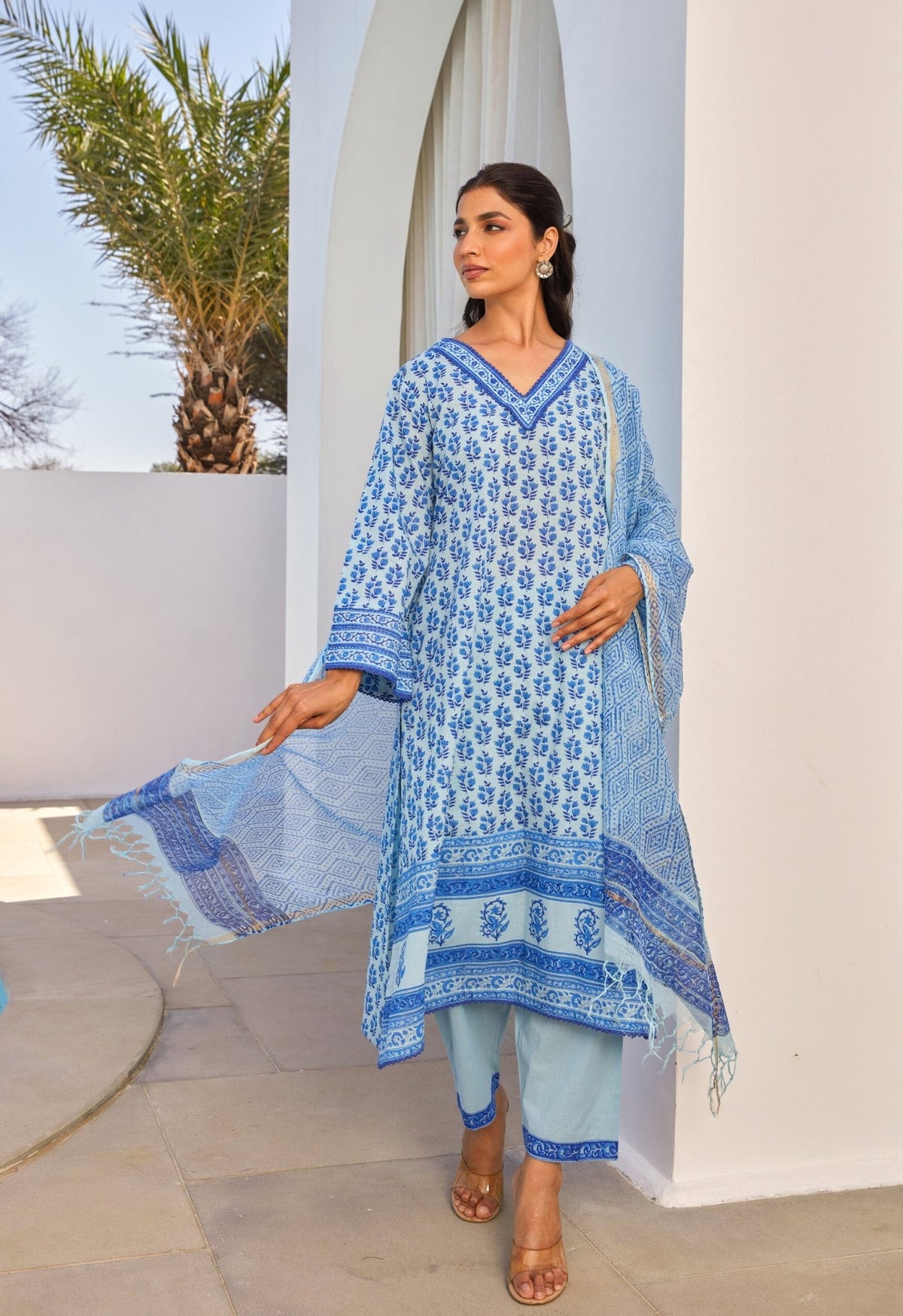 Blue Hand Block Printed Kurta Set With Dupatta - Tara - C - Tara