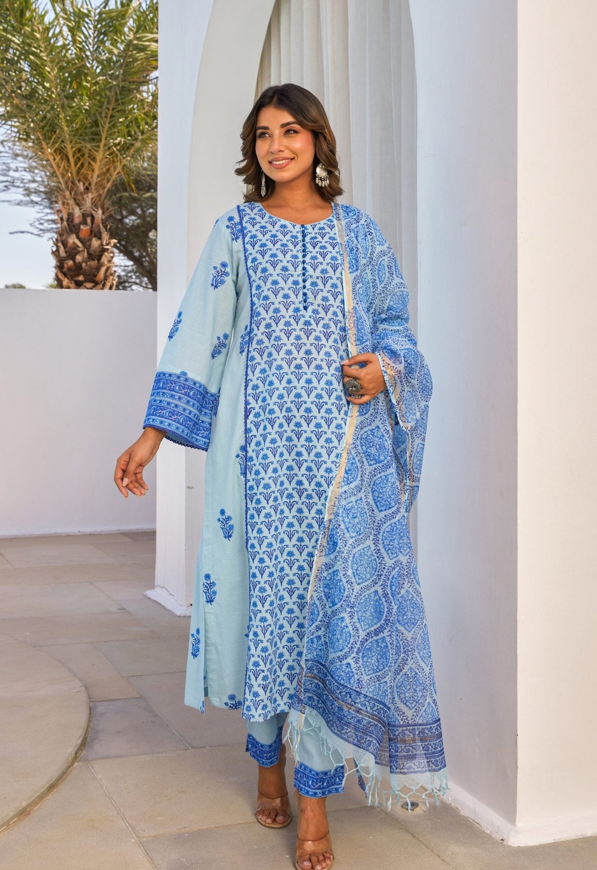Blue Hand Block Printed Kurta Set With Dupatta - Tara - C - Tara