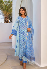 Blue Hand Block Printed Kurta Set With Dupatta - Tara - C - Tara