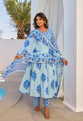 Blue Hand Block Printed Kurta Set With Dupatta - Tara - C - Tara