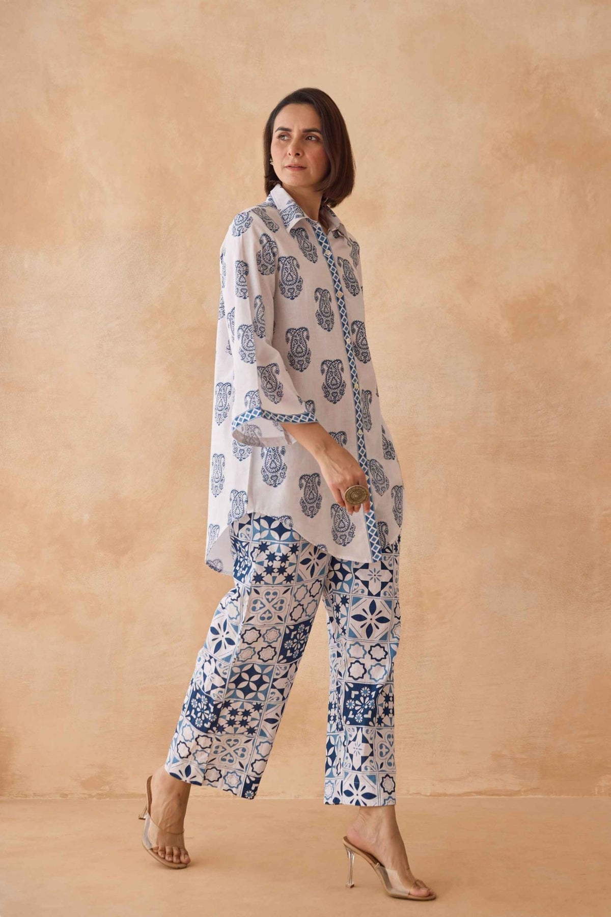 Blue Paisley & Tile Printed Cotton Co - ord Set - Tara - C - Tara