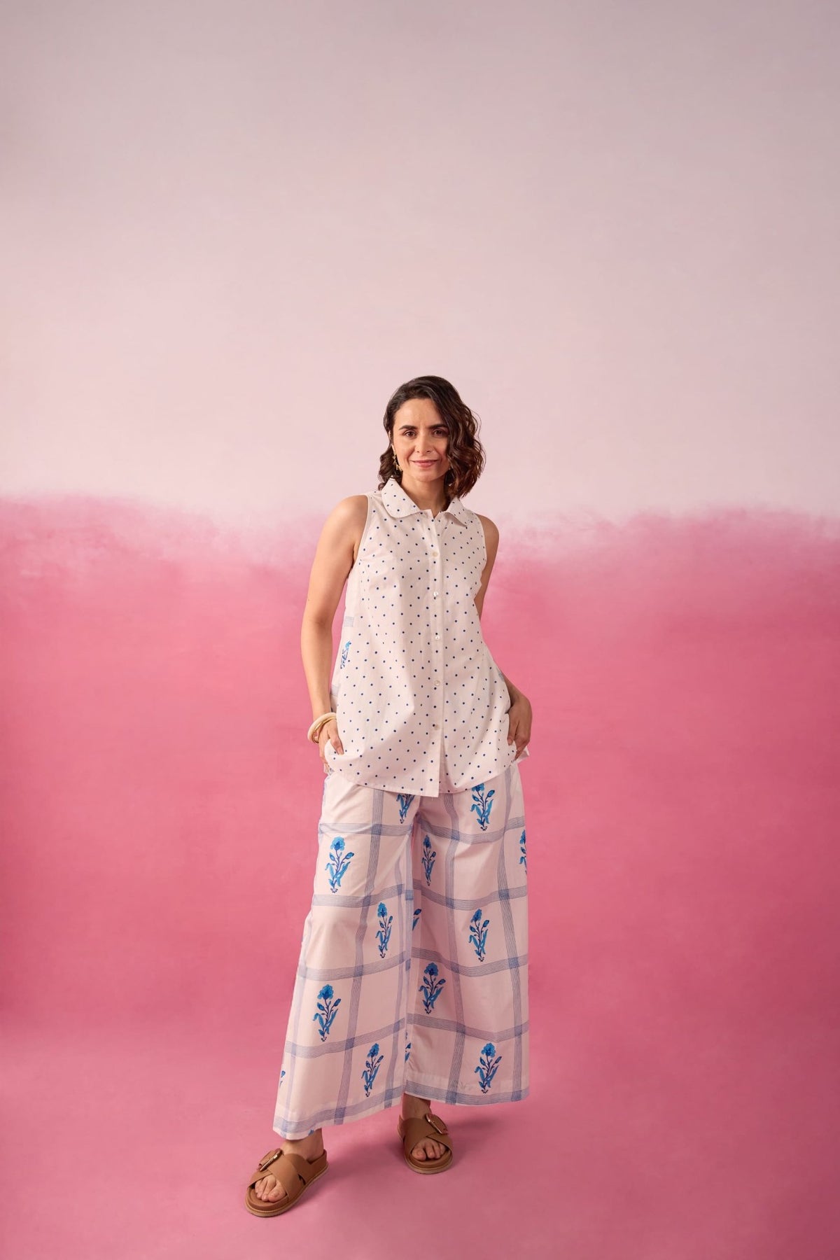 Blue Polka Dot & Floral Check Sleeveless Hand Block Printed Co-ord Set - Tara-C-Tara